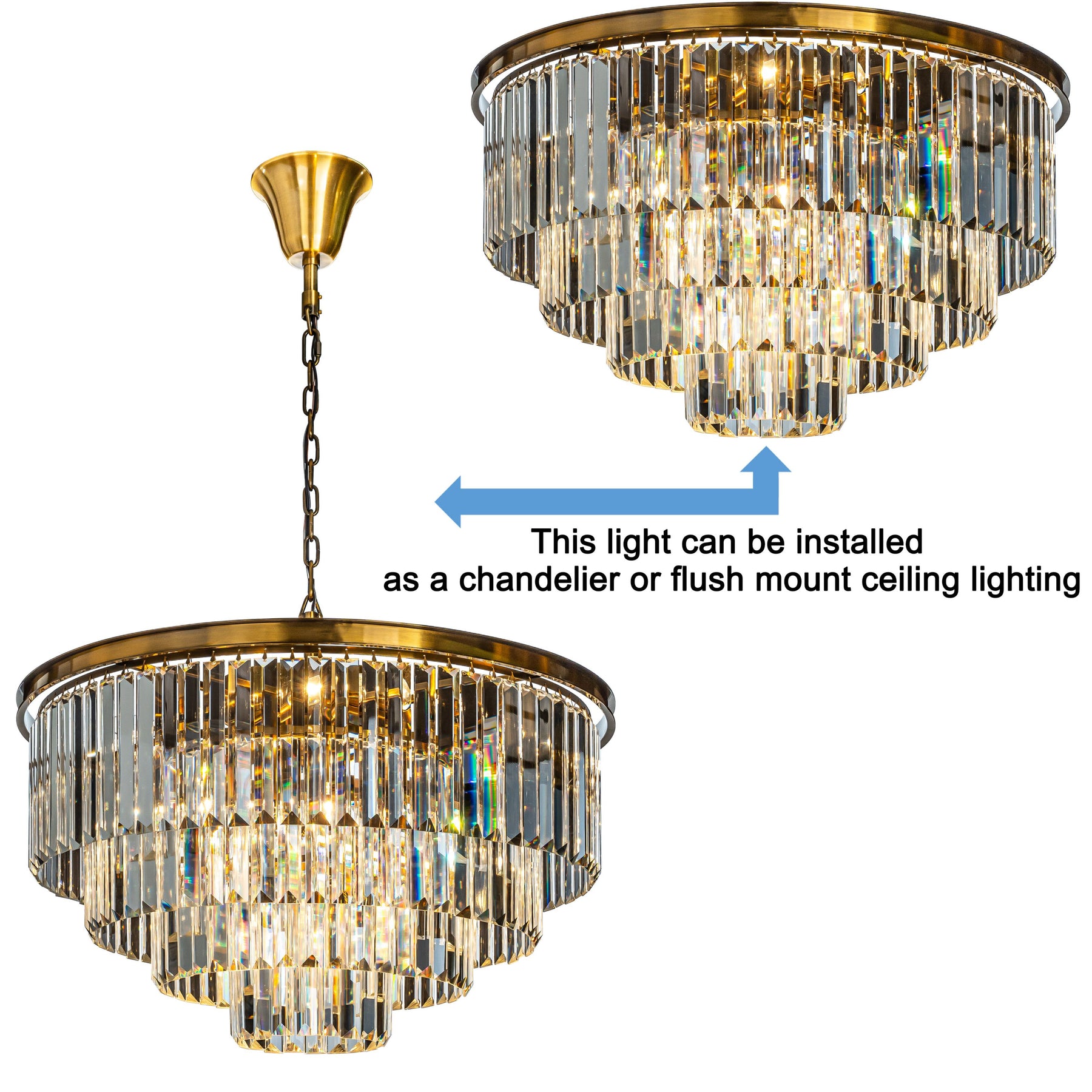 Mid-Century Modern Antique Gold Fringe Crystal Flush Mount