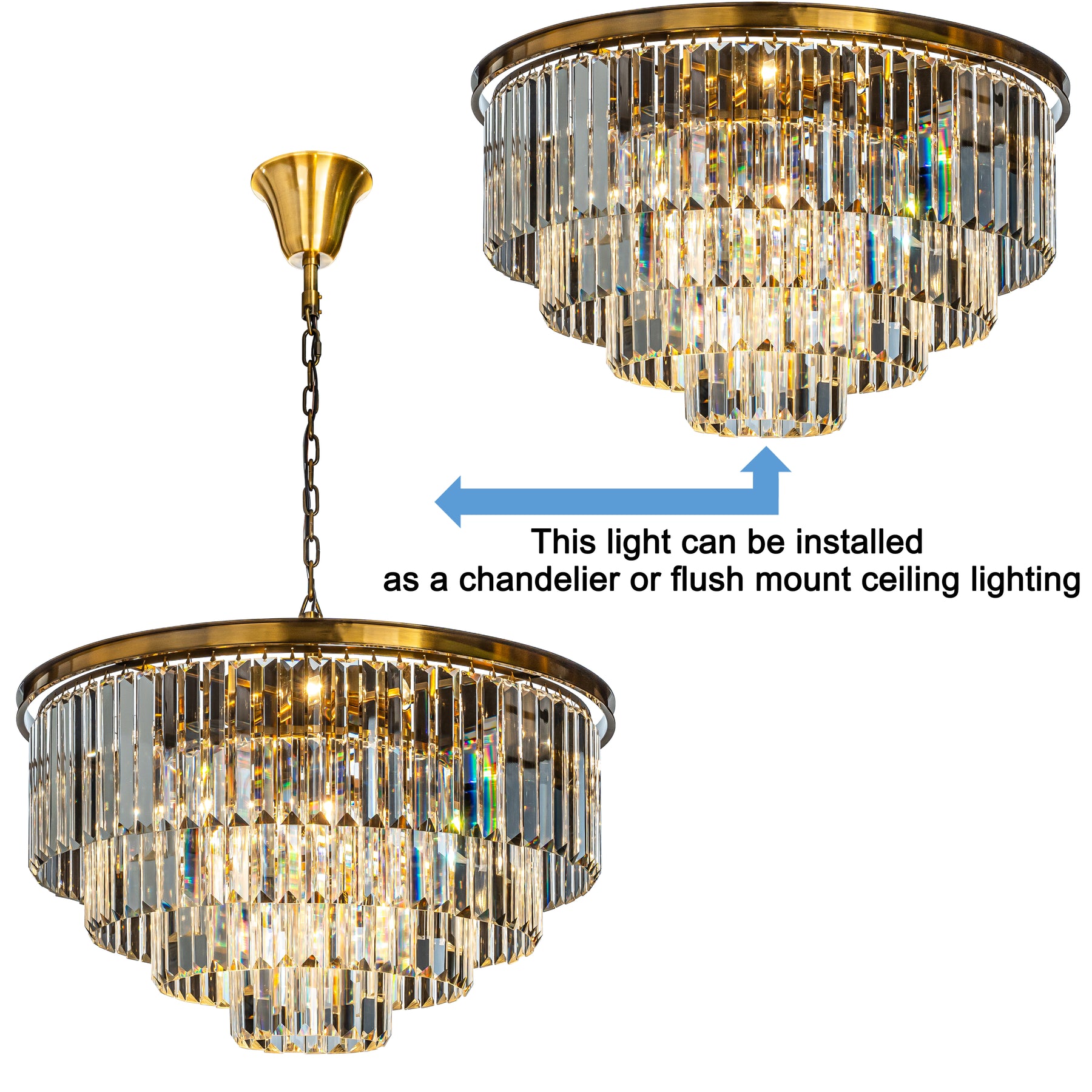 Mid-Century Modern Antique Gold Fringe Crystal Chandelier