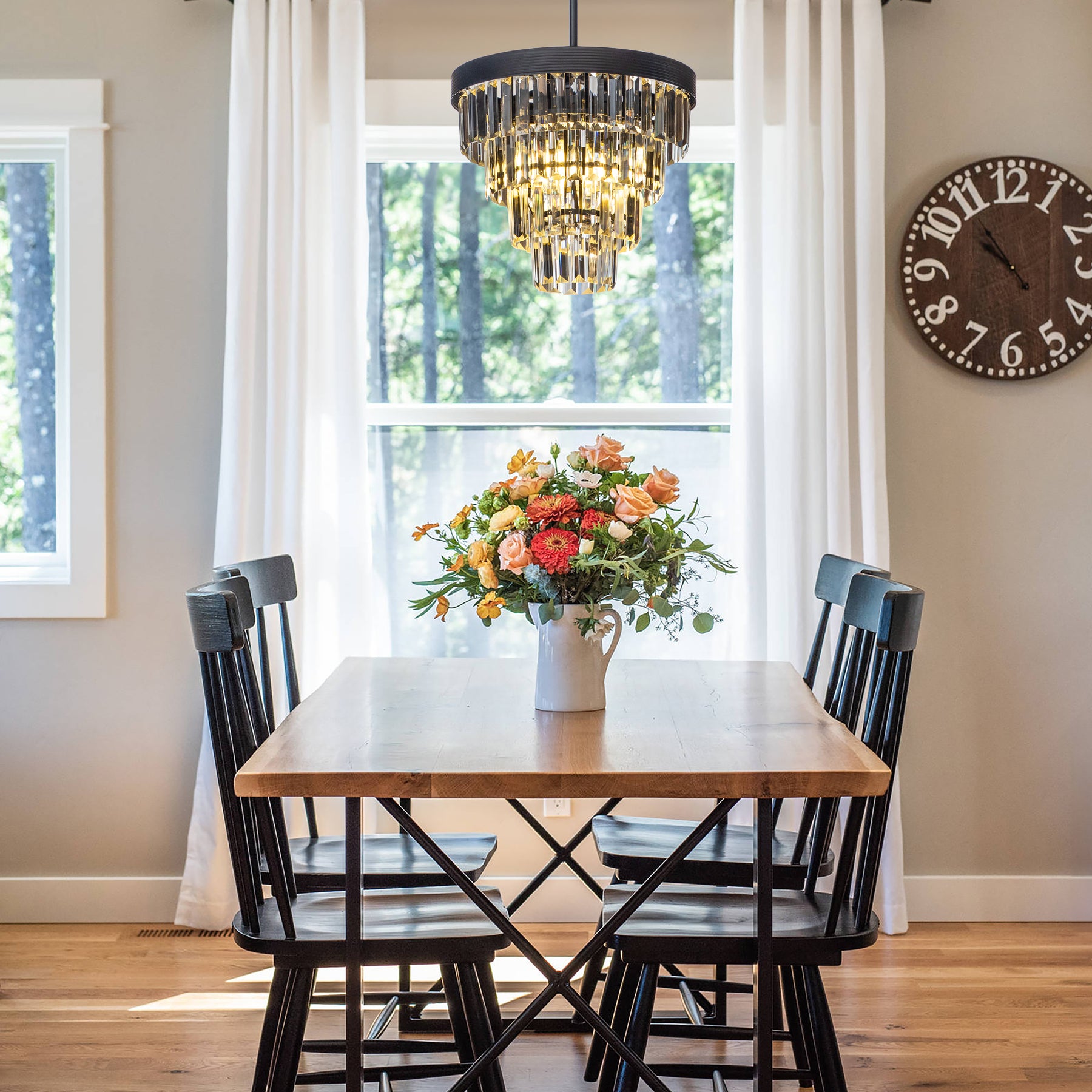 Modern Matte Black Tier Crystal Chandelier