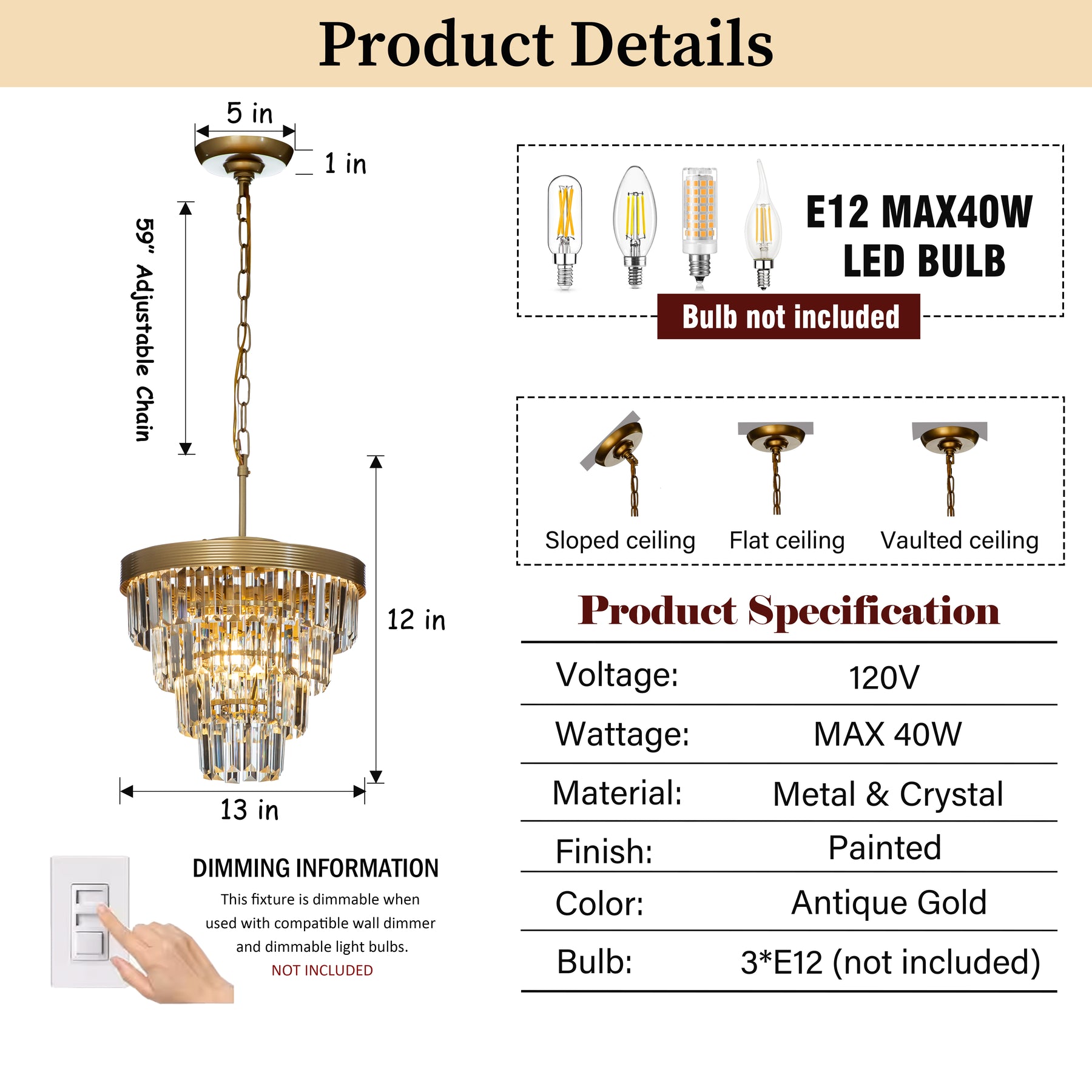 Modern Tiered Crystal Chandelier in Antique Gold