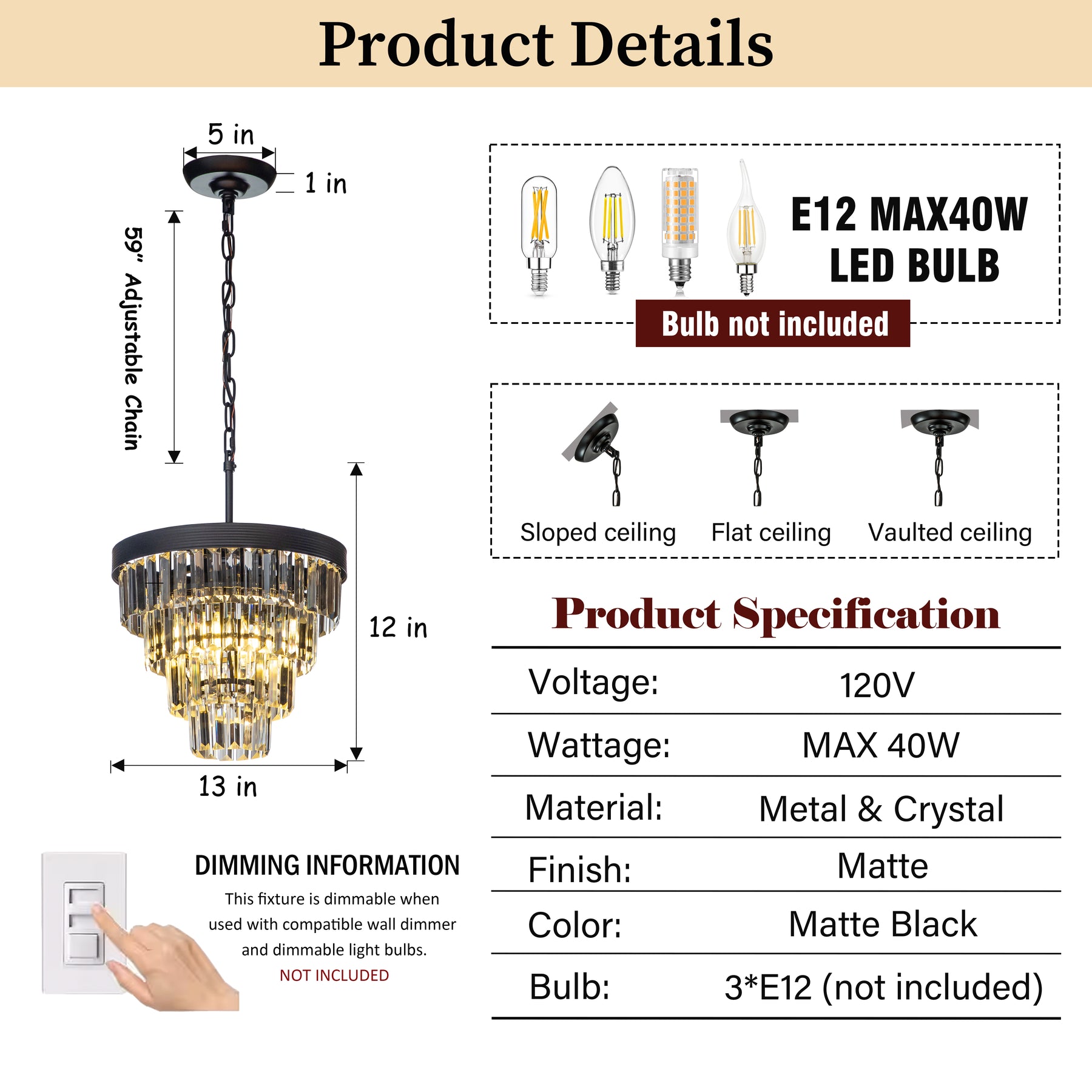 Modern Matte Black Tier Crystal Chandelier