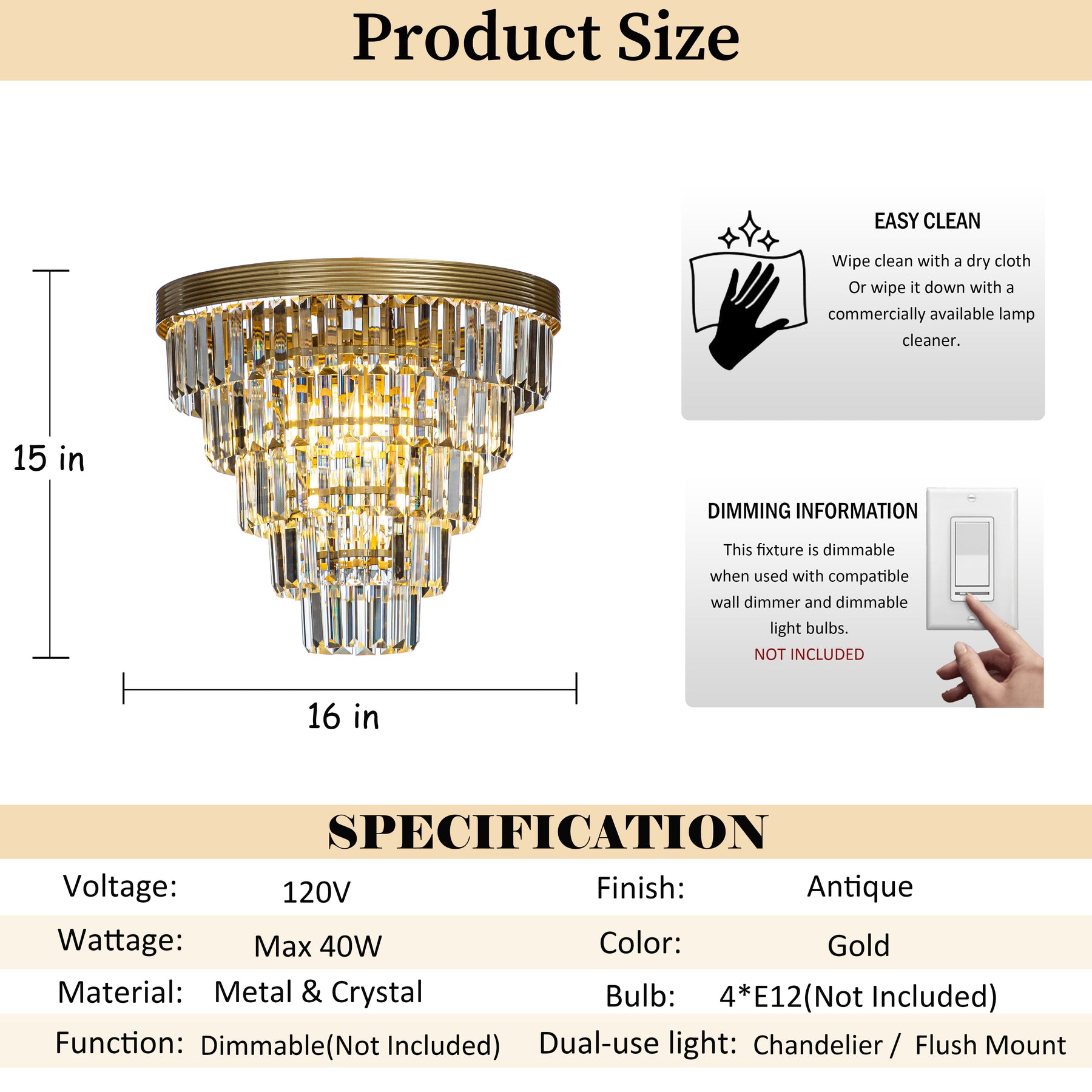 4-Light 16" Glam Tierd Flush Mount With Crystal Accents to Ceiling Light