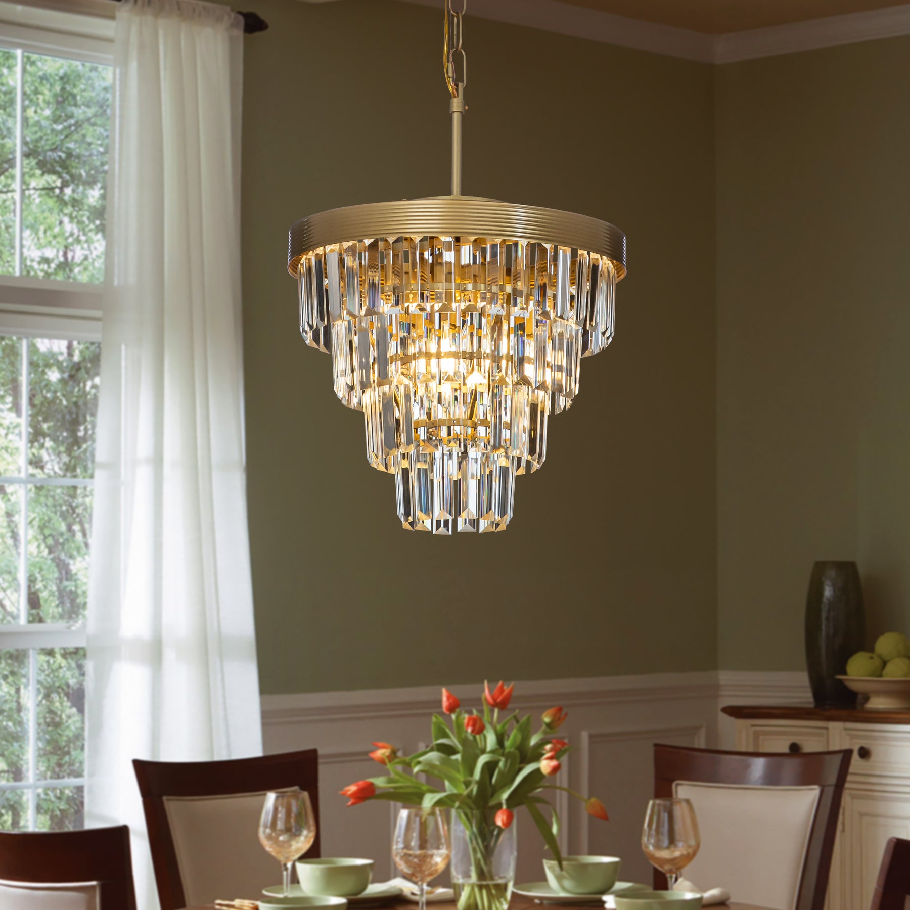 Modern Tiered Crystal Chandelier in Antique Gold