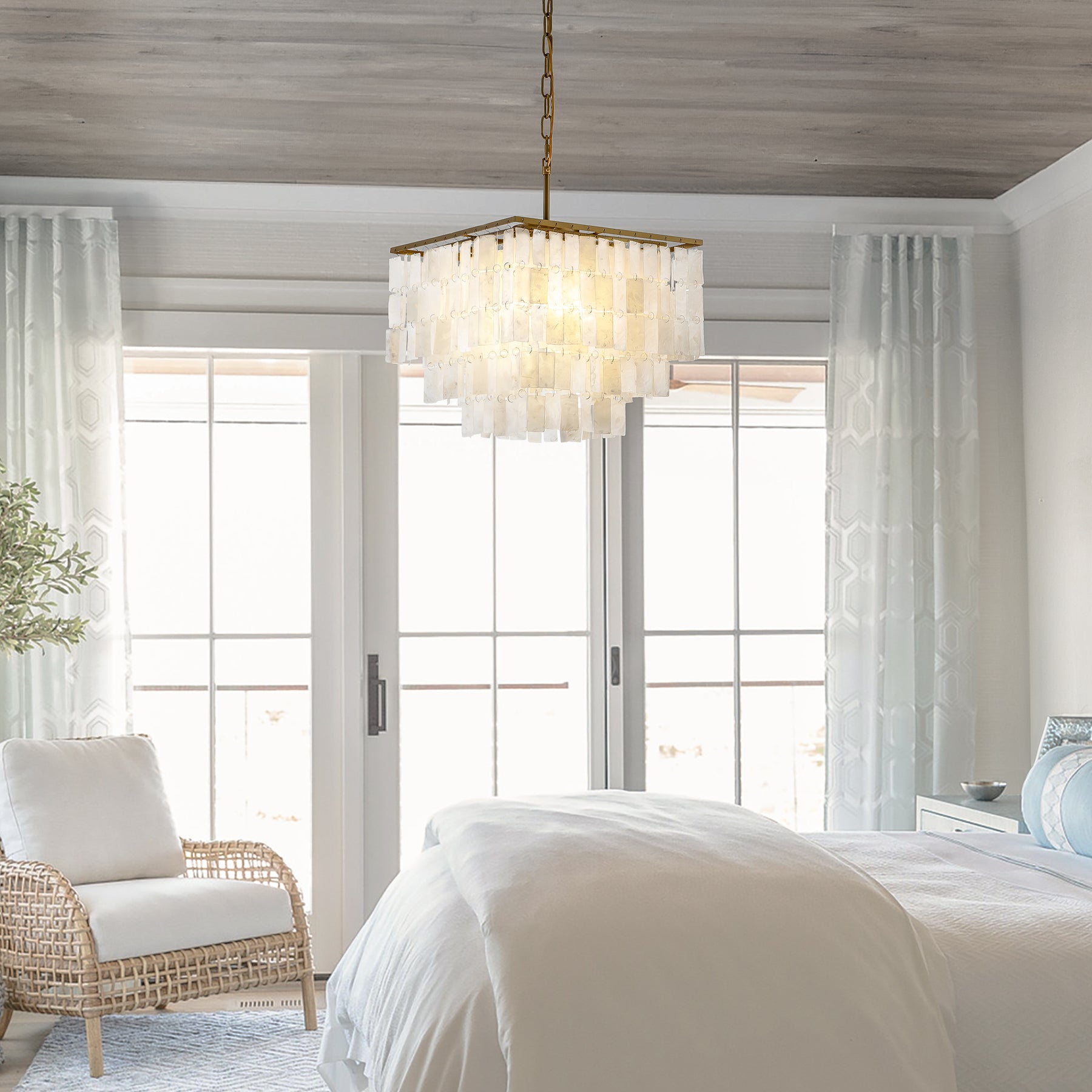 Coastal Capiz Shell Chandelier with Antique Gold Frame