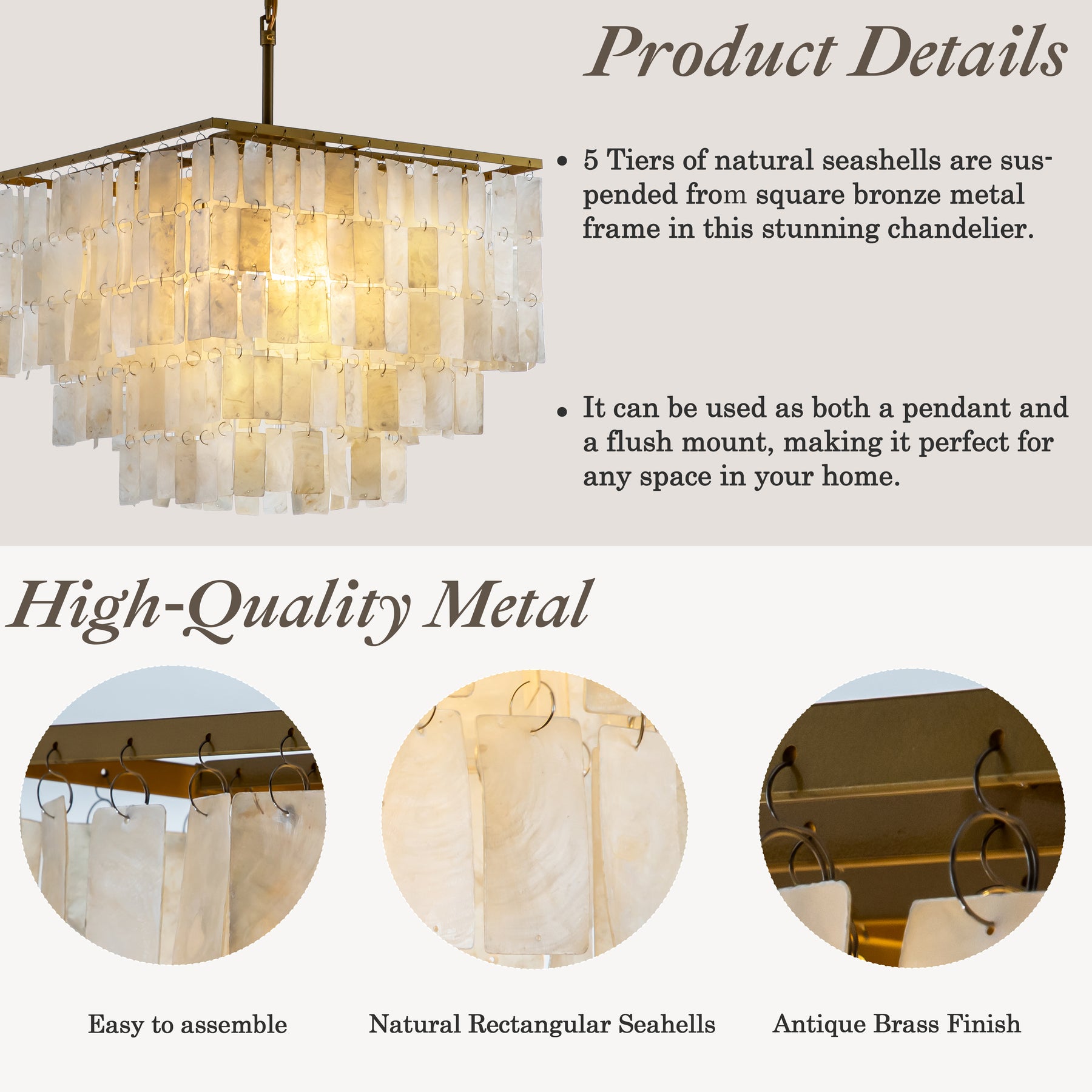 Coastal Capiz Shell Chandelier with Antique Gold Frame