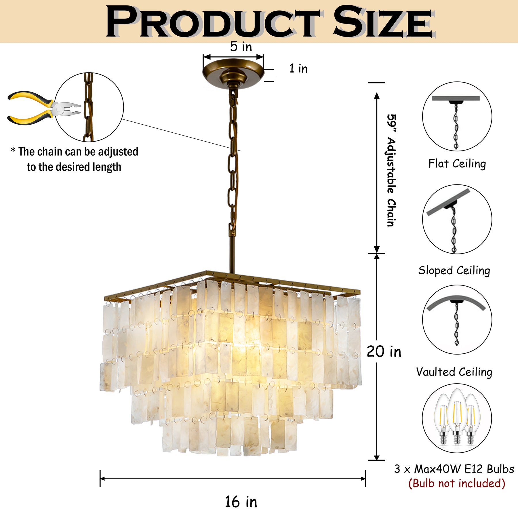 Coastal Capiz Shell Chandelier with Antique Gold Frame