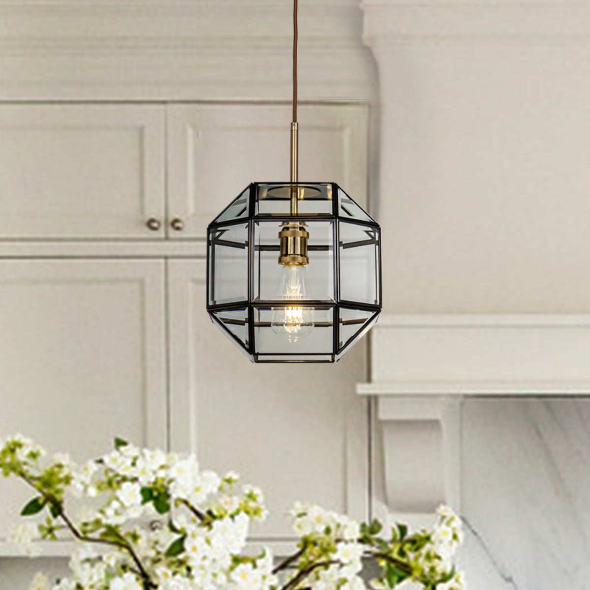 Open Box 1-Light Anitque Copper Lantern Geometric Pendant Light with Clear Glass