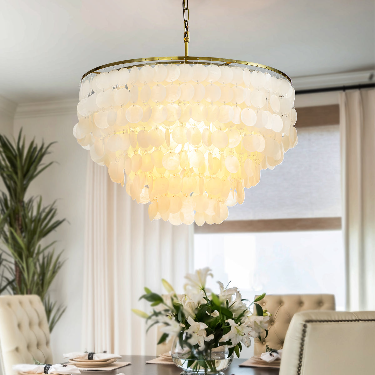 Coastal Capiz Shell Chandelier with Antique Gold Finish
