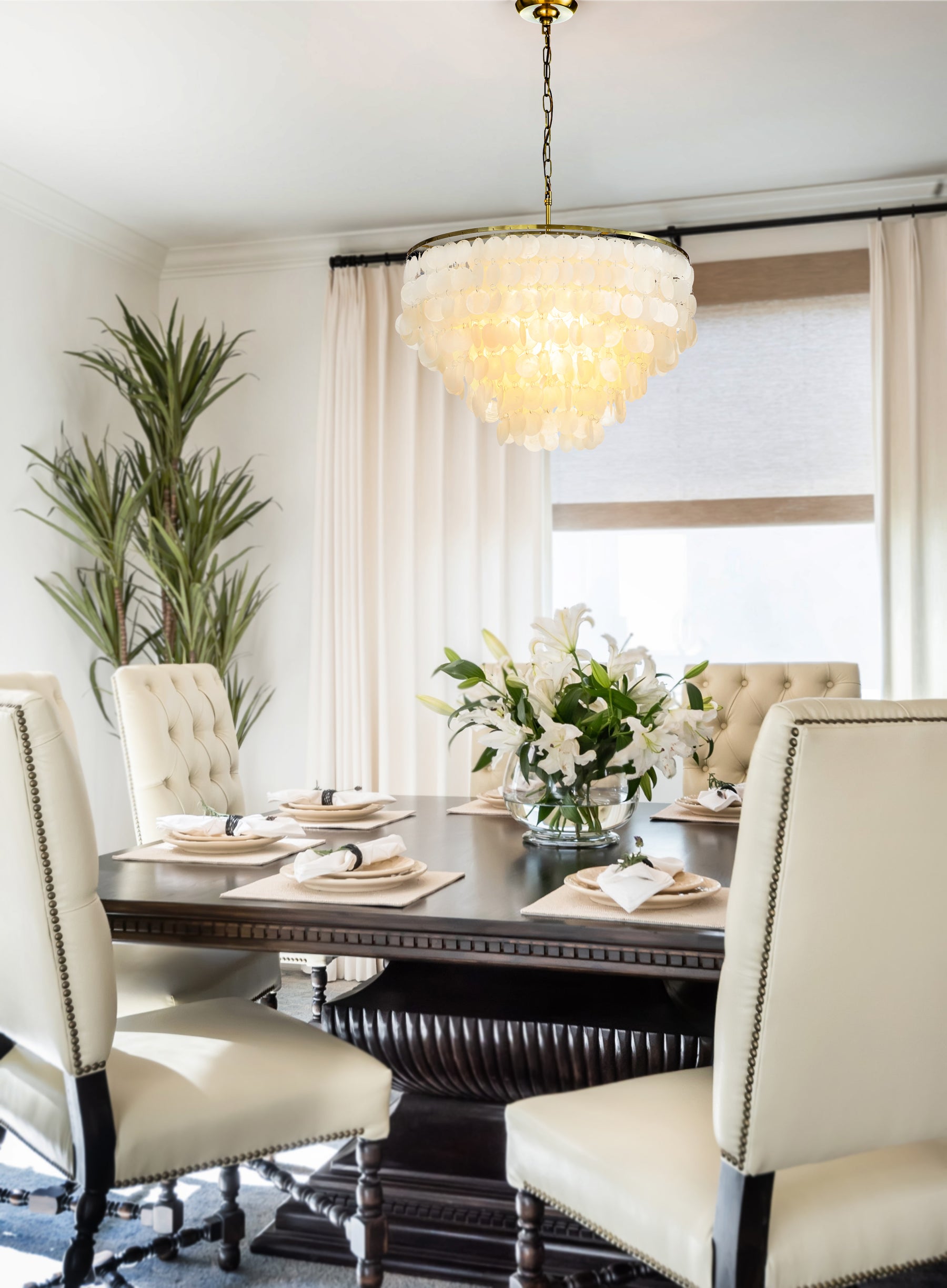 Coastal Capiz Shell Chandelier with Antique Gold Finish