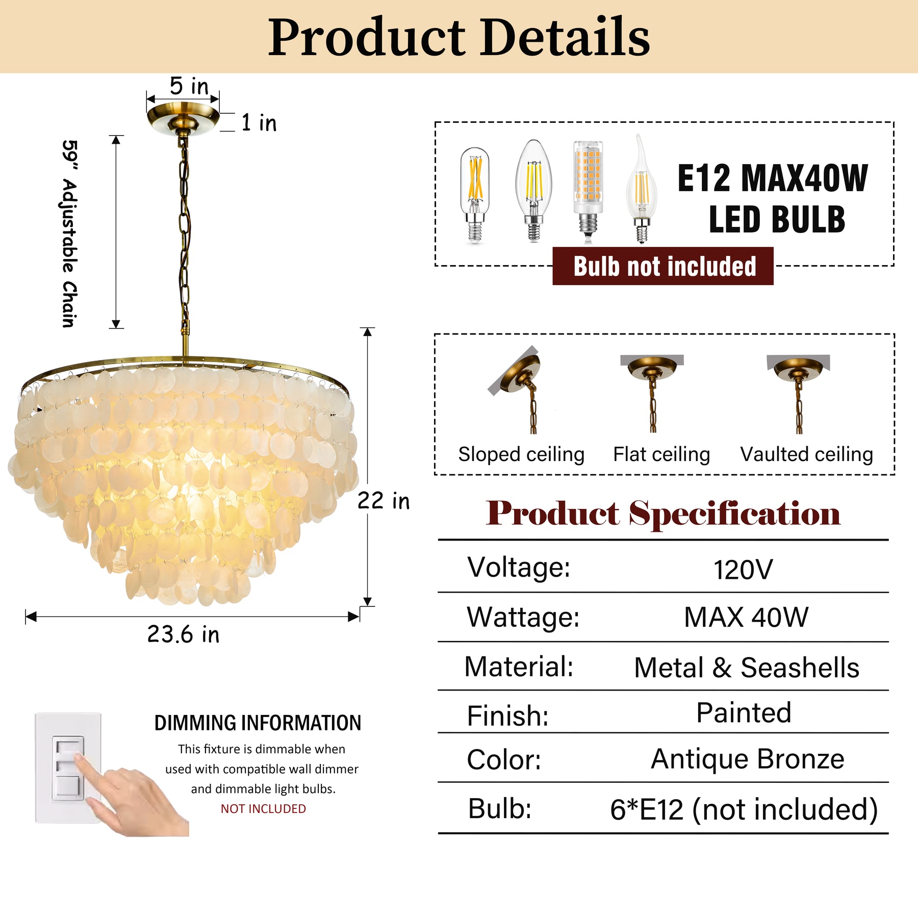 Coastal Capiz Shell Chandelier with Antique Gold Finish