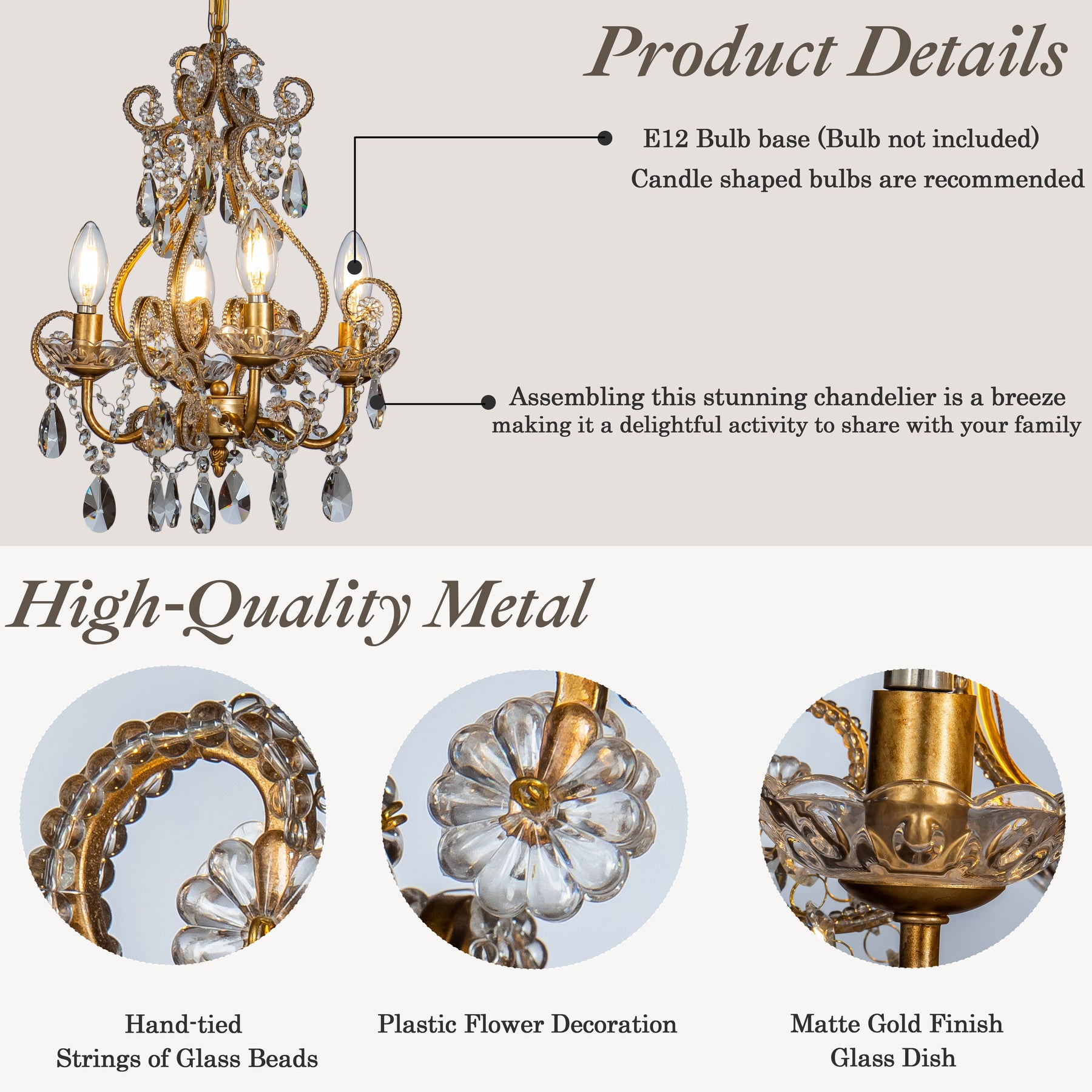 4-Lights Antique Gold Candlestick Chandelier 13In. Pendant Light With Crystal Teardrop Beads
