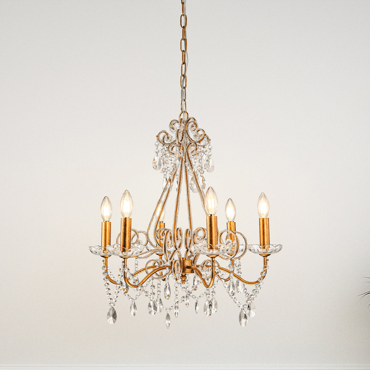 6-Lights Antique Gold Classic Candlestick Chandelier 22'' Mid-century French Style Pendant Light with Crystal Teardrop Beads