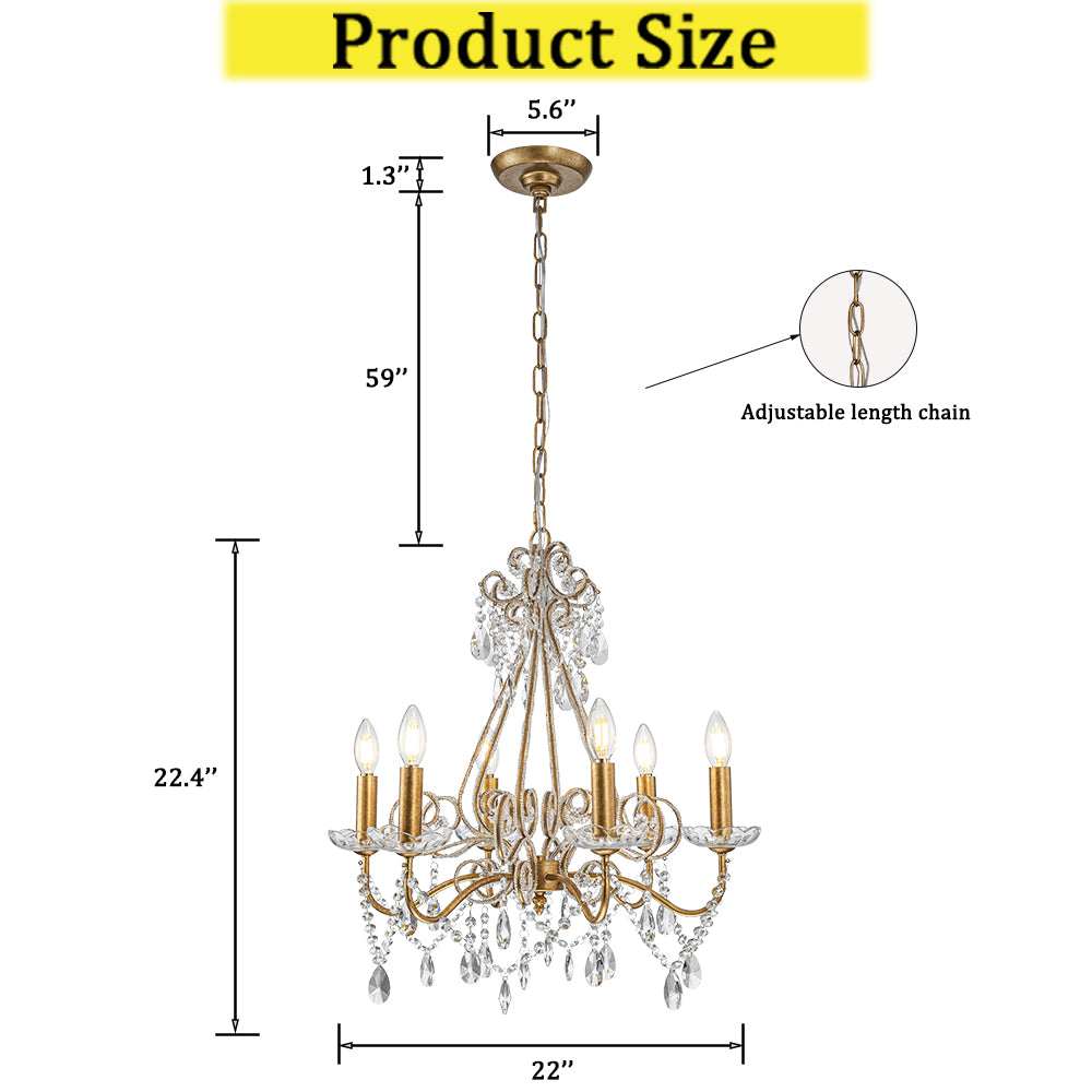 OpenBox 6-Lights Antique Gold Classic Candlestick Chandelier 22'' Mid-century French Style Pendant Light with Crystal Teardrop Beads