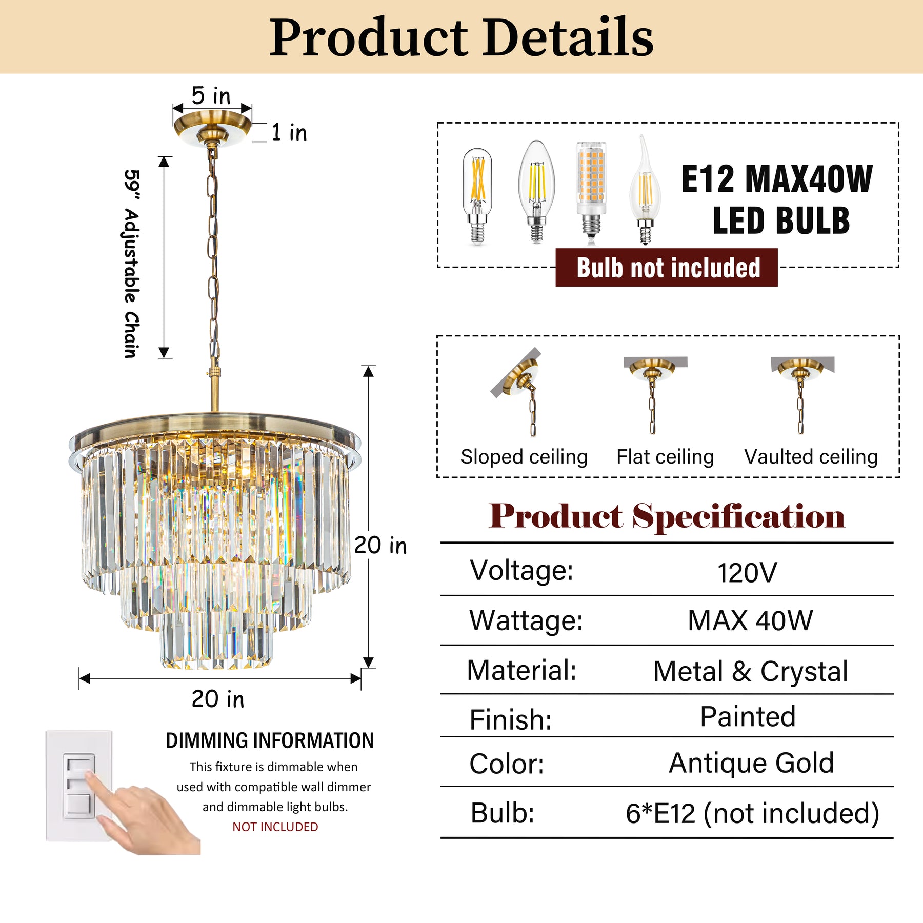 Mid-Century Modern Gold Fringe Crystal Chandelier