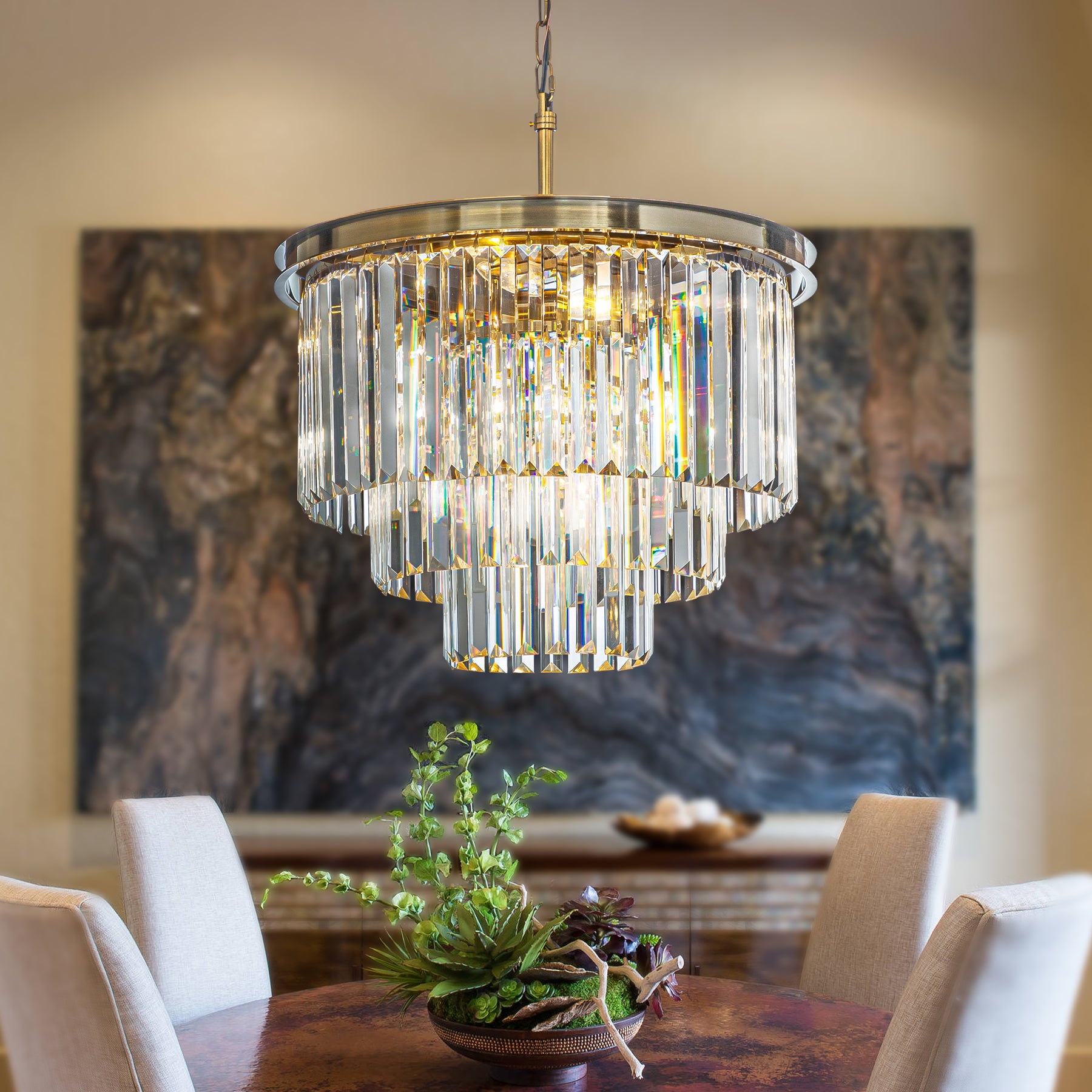 Mid-Century Modern Gold Fringe Crystal Chandelier