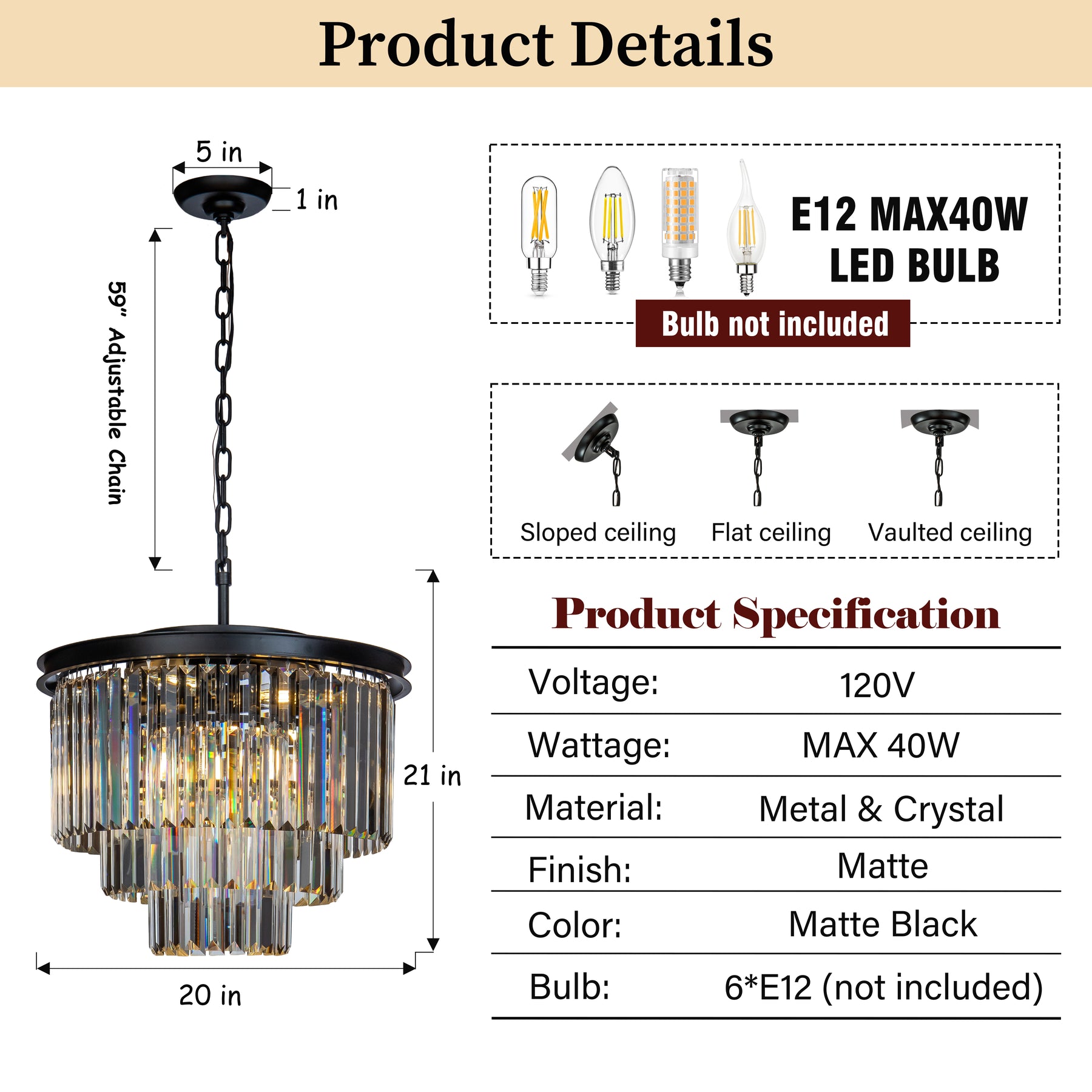 Modern and Contemporary Matte Black 3-Tier Fringe Crystal Chandelier