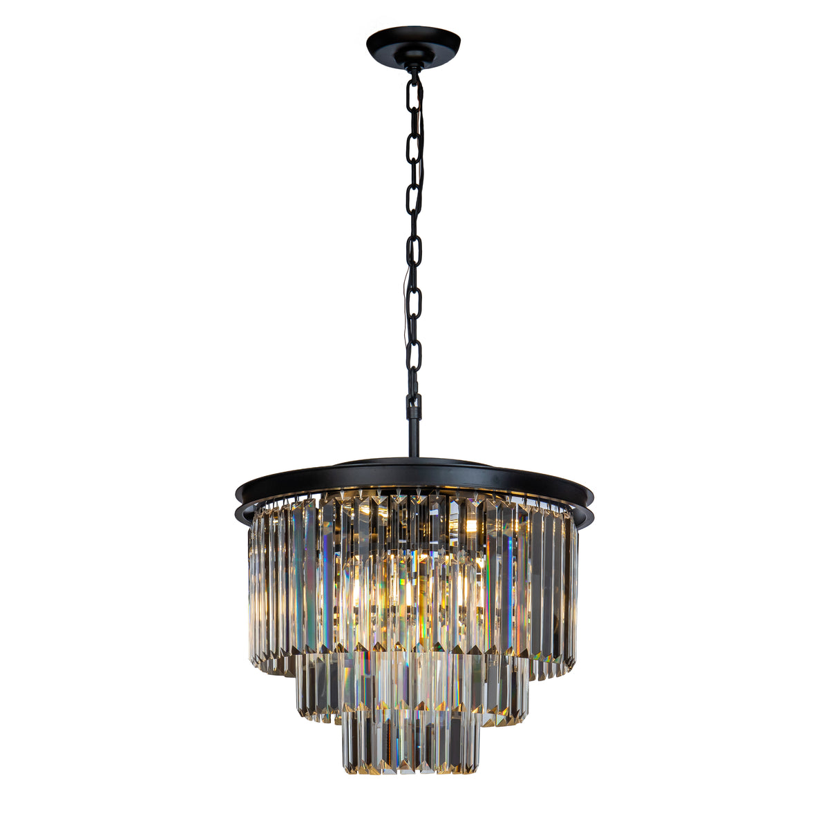 OpenBox 6-Lights Modern Matte Black 3-Tier Round Crystal Fringe Chandelier