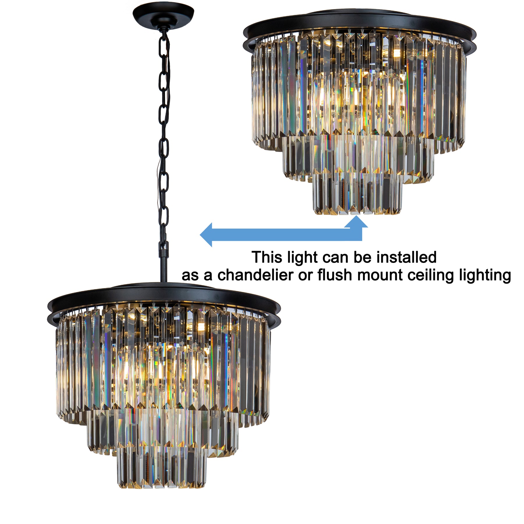 OPEN BOX- Modern Tiered Crystal Chandelier in Matte Black