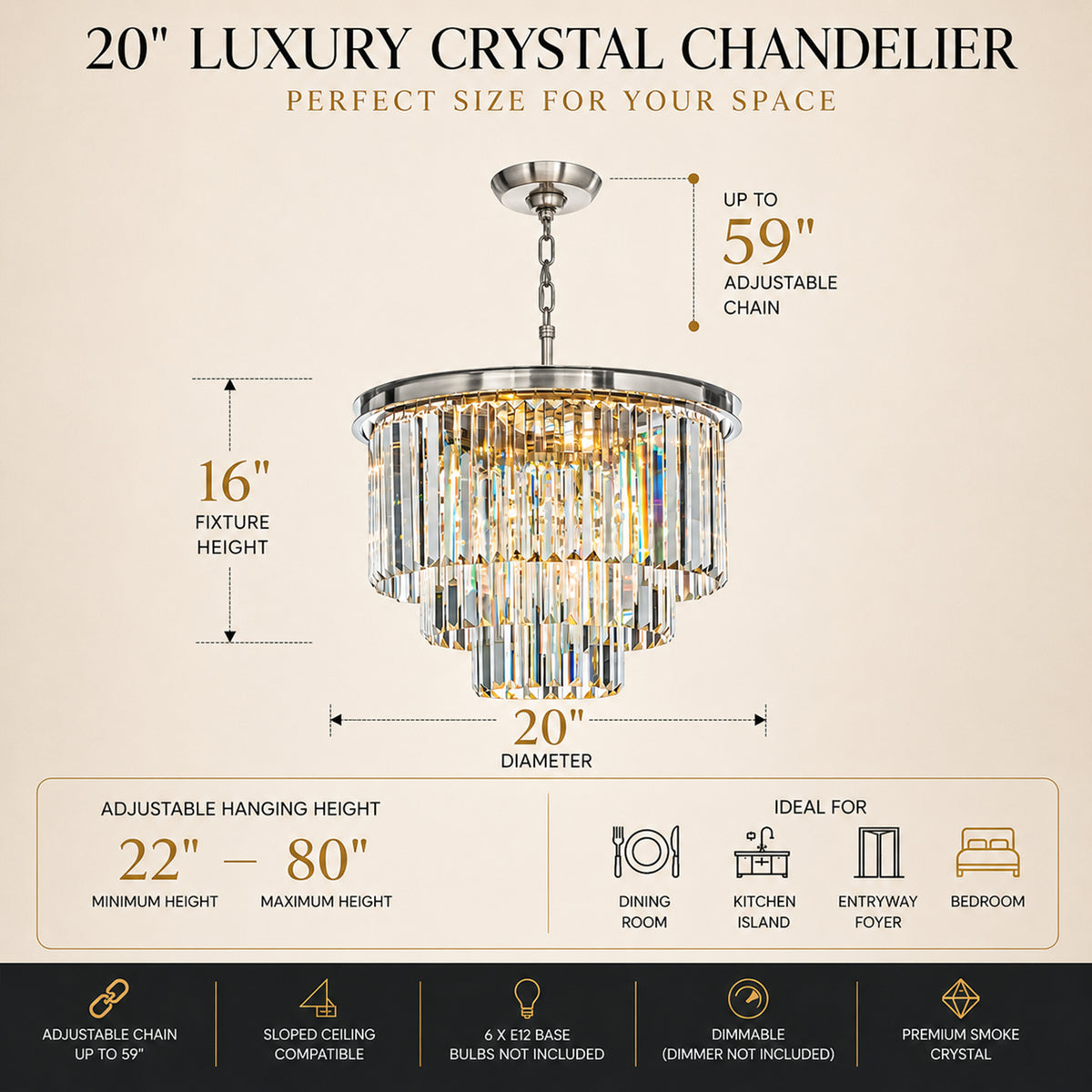 OpenBox 6-Lights Modern Satin Nickel 3-Tier Round Crystal Fringe Chandelier
