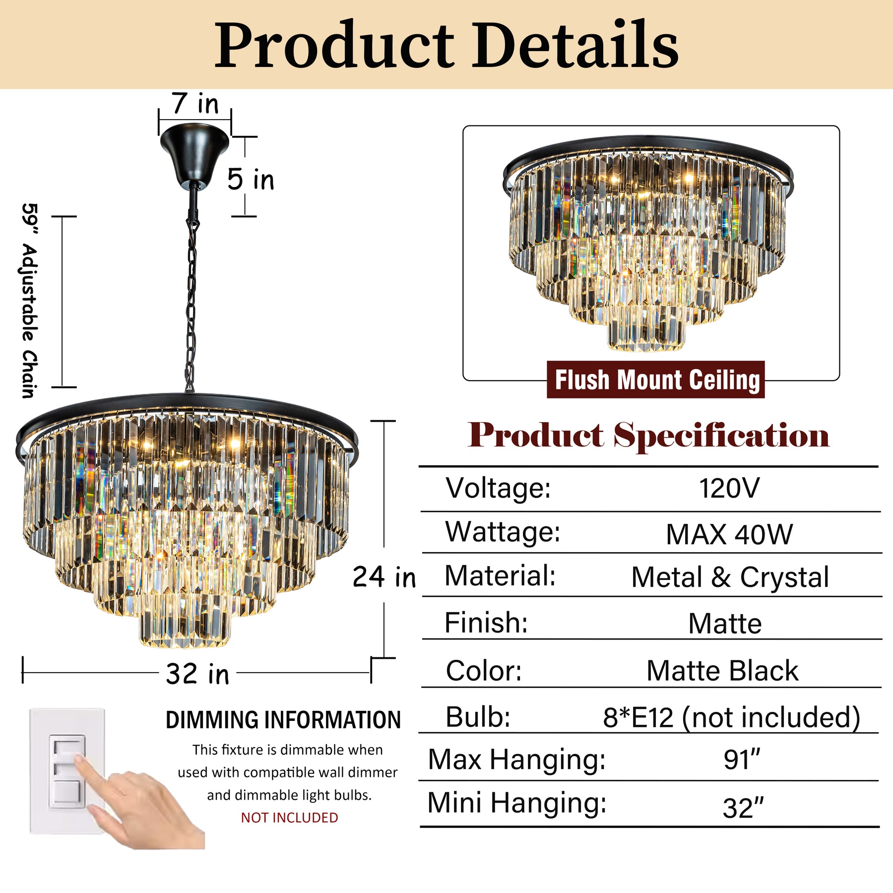Mid-Century Modern Round Tiered Fringe Crystal Chandelier