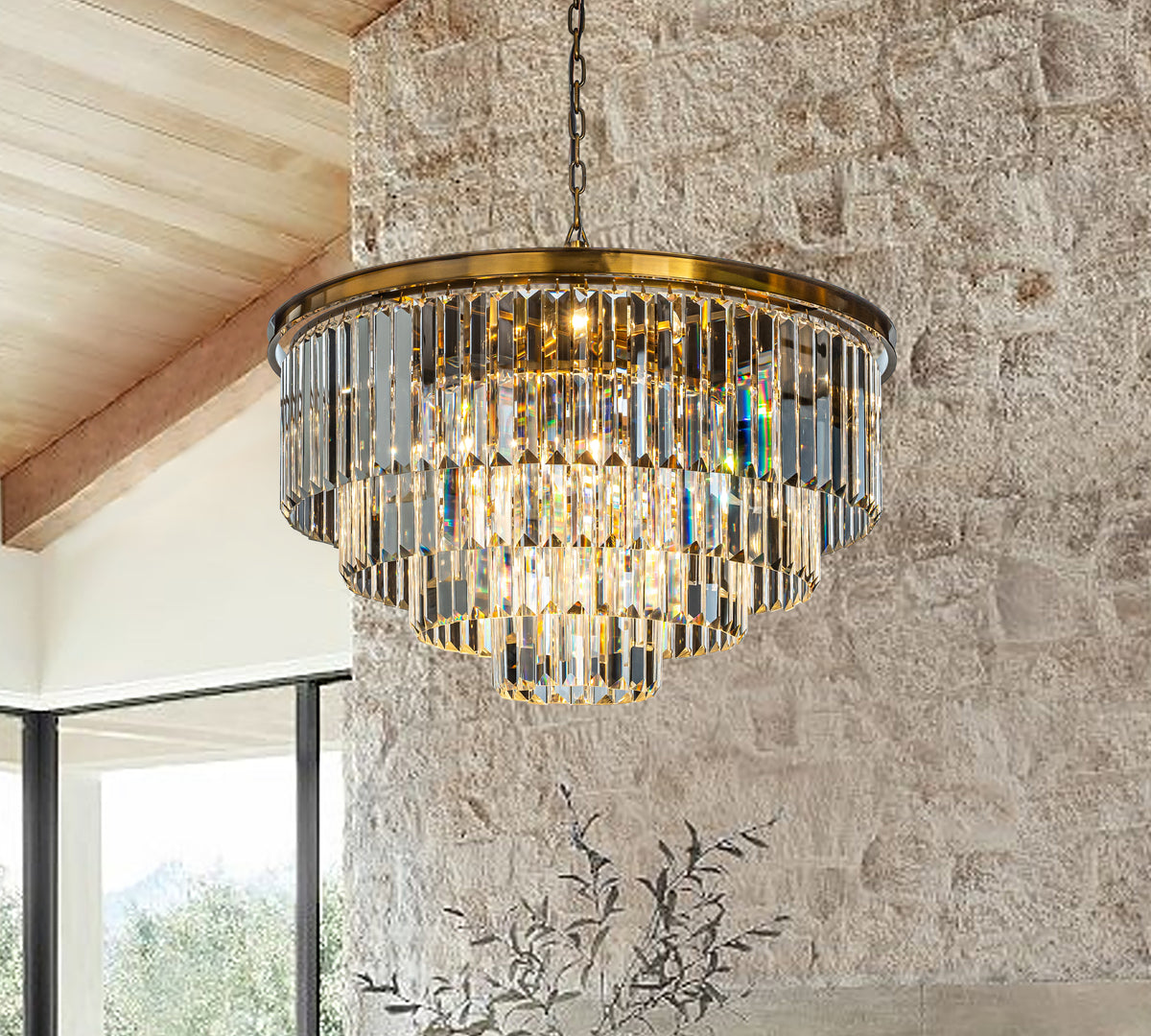 Mid-Century Modern Antique Gold Fringe Crystal Chandelier