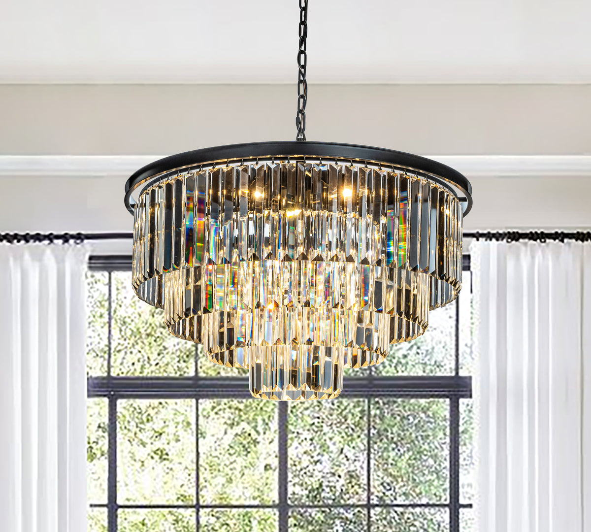 Mid-Century Modern Round Tiered Fringe Crystal Chandelier