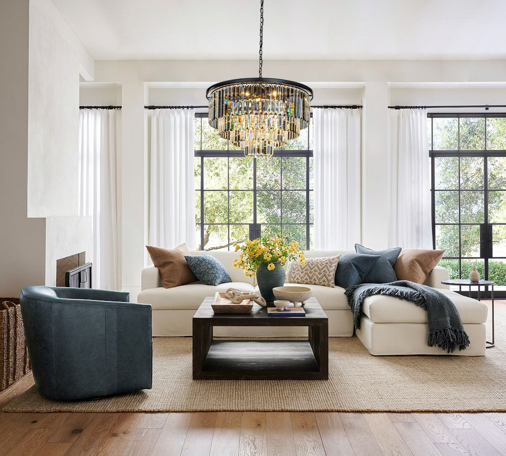 Mid-Century Modern Round Tiered Fringe Crystal Chandelier
