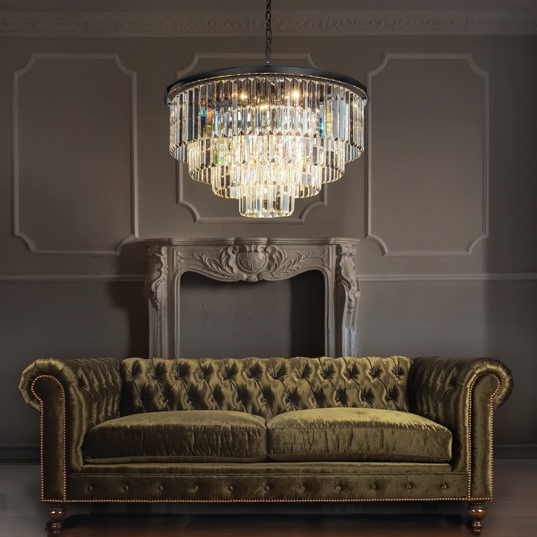 Mid-Century Modern Round Tiered Fringe Crystal Chandelier