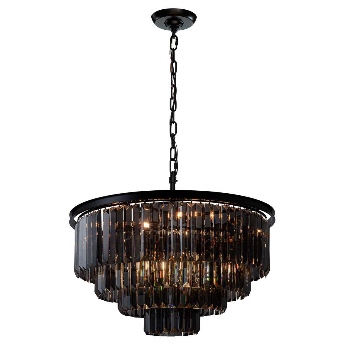 10-Lights 32'' Modern Matte Black 4-Tier Round Fringe Chandelier with Smoke Crystal Accent For Dining Room of Foyer