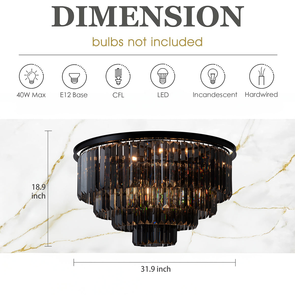 10-Lights 32'' Modern Matte Black 4-Tier Round Fringe Flush Mount Glam Ceiling Light with Smoke Crystal Accent For Dining Room of Foyer