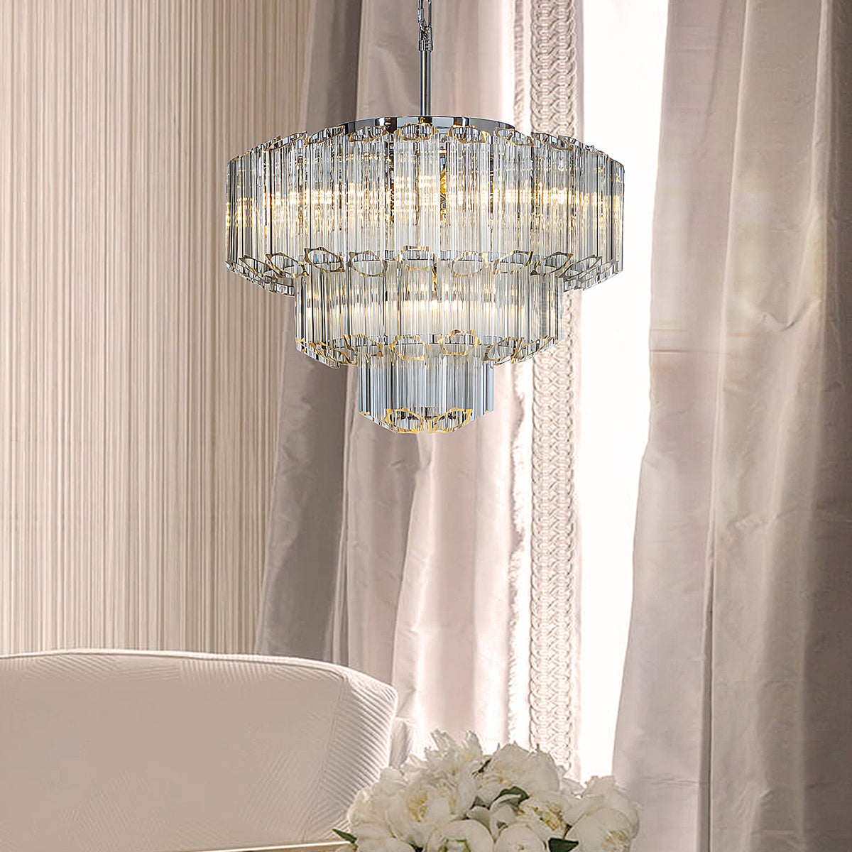 OPEN BOX-Modern Round Tiered Fountain Chandelier with Clear Tube Glass