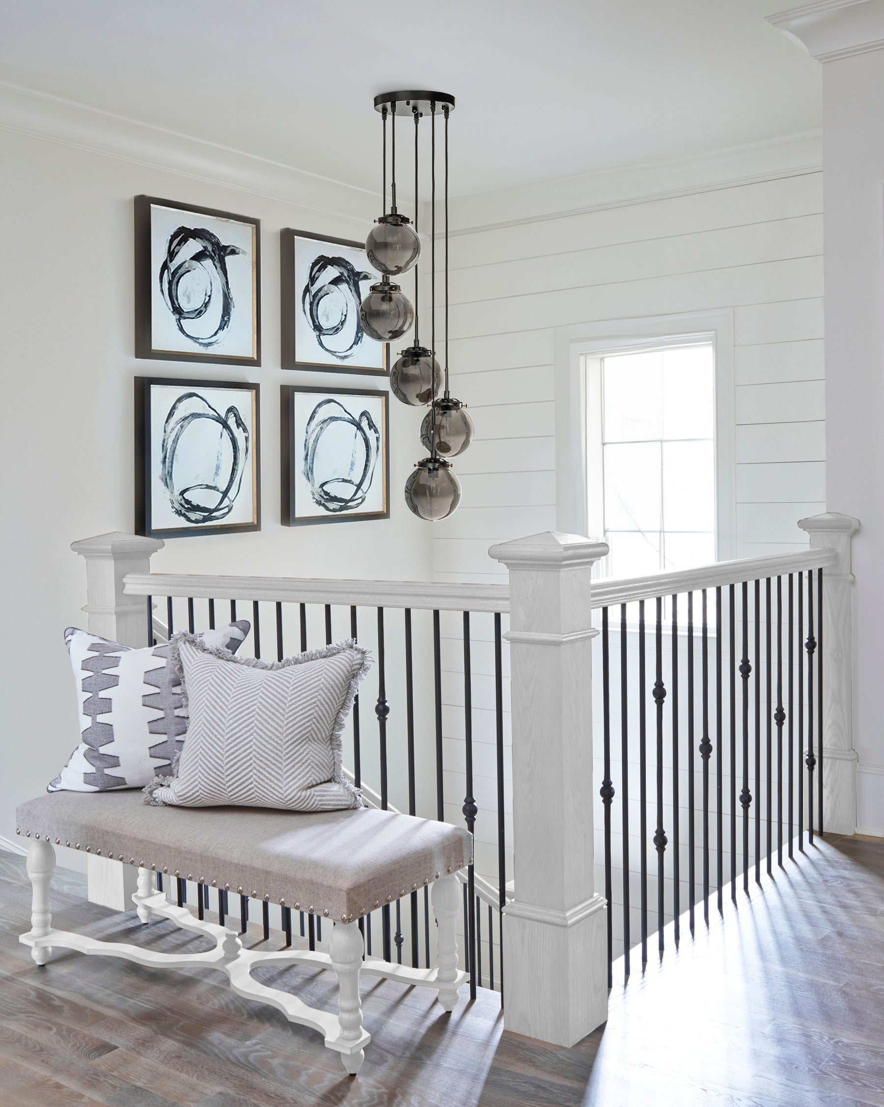 Modern Matte Black Staircase Chandelier with Smoke Globe Bubble Glass