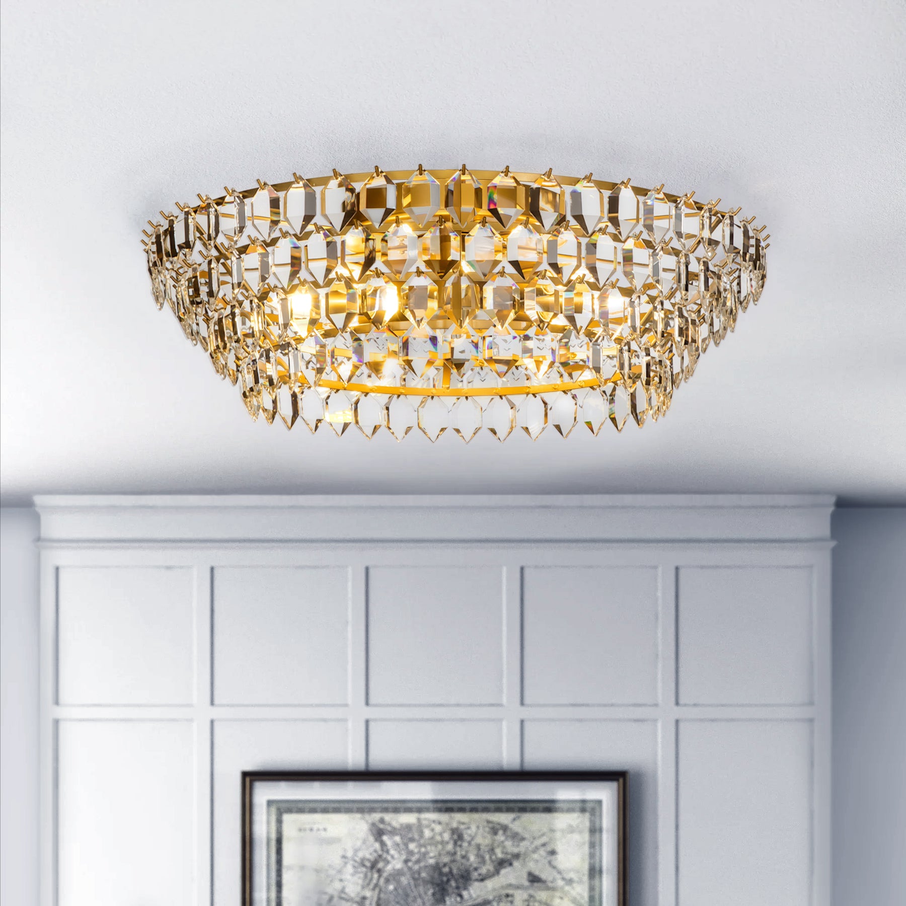 Luxury Brass Crystal Flush Mount Light