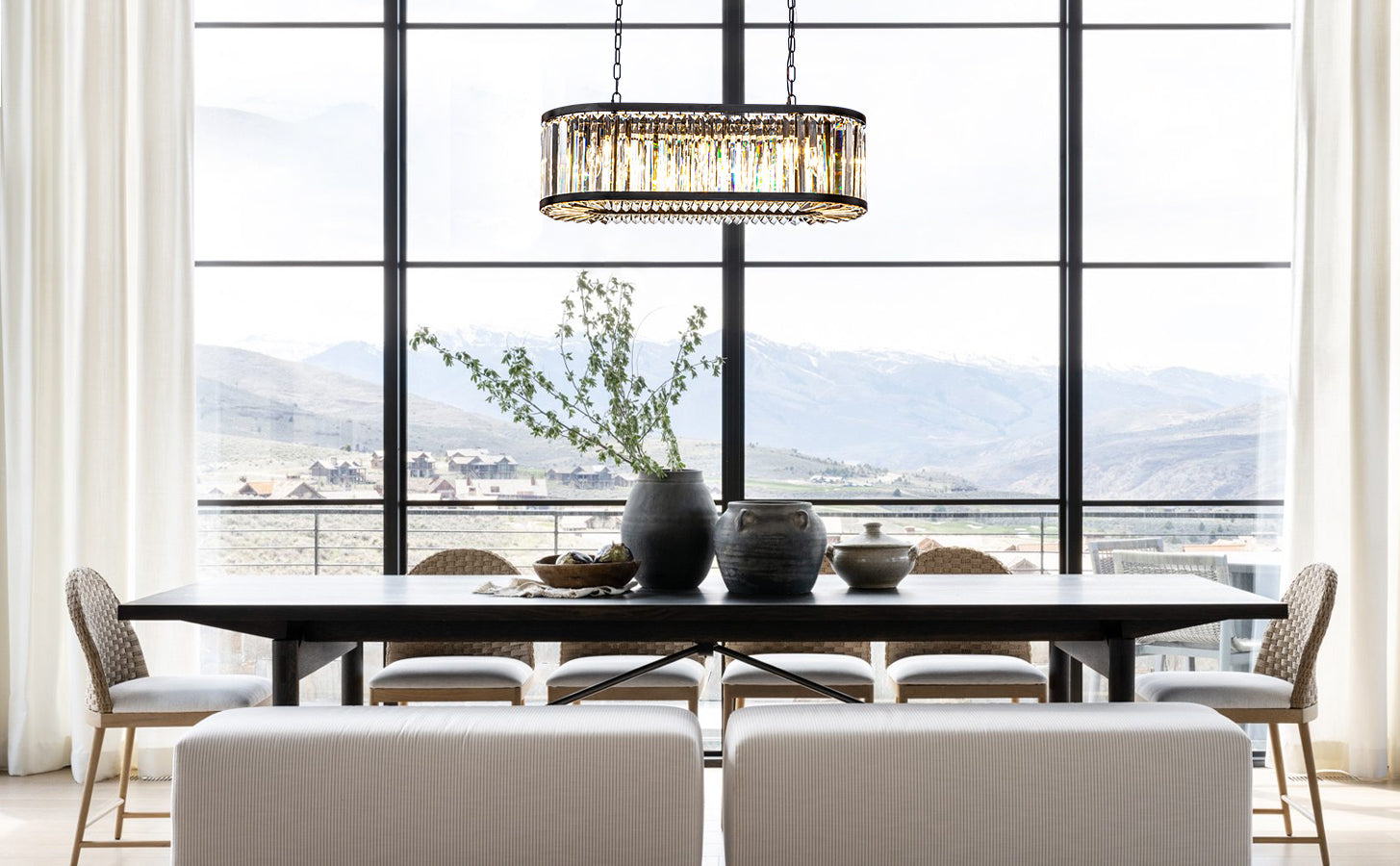 Modern Rectangular Crystal Chandelier in Matte Black