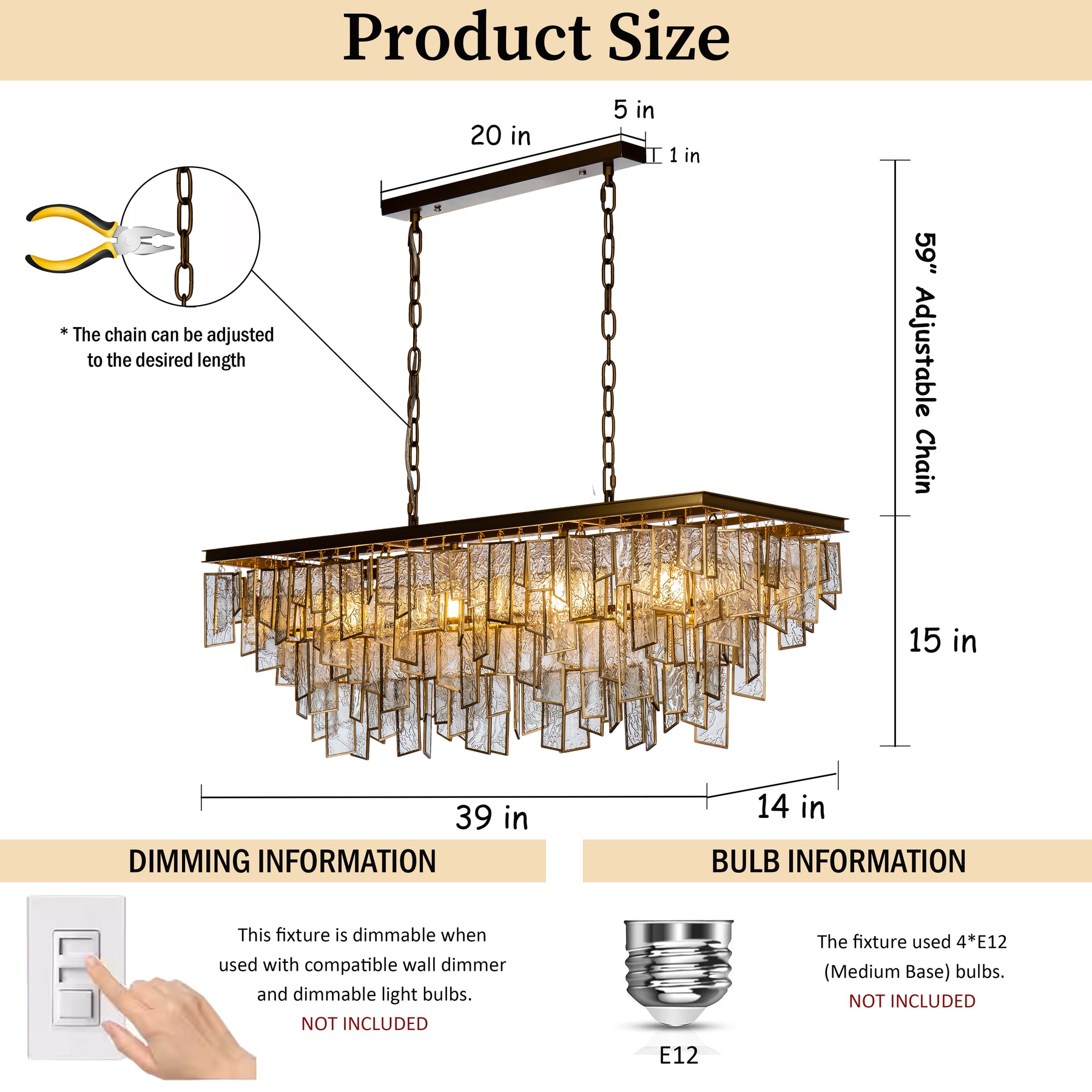4-Light Mid-Century Modern Matte Gold Water Glass Fringe Chandelier for Dining Room