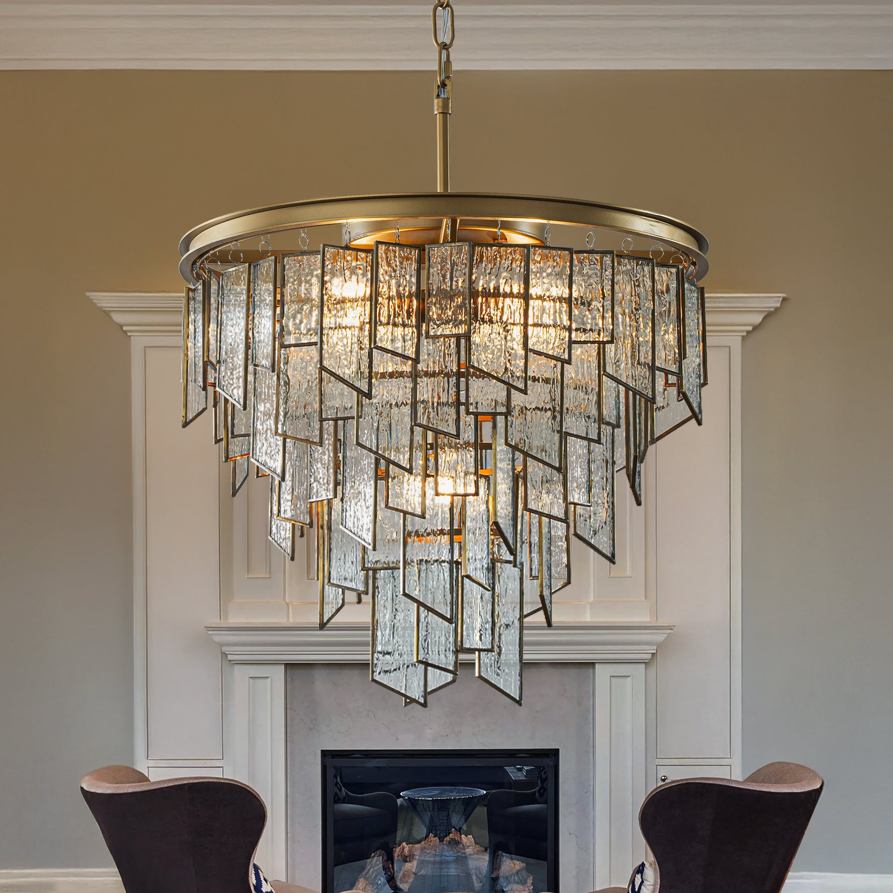Modern 6-Light 18in. Painted Brass Luxury Water Ripple Glass Chandelier for Living Room
