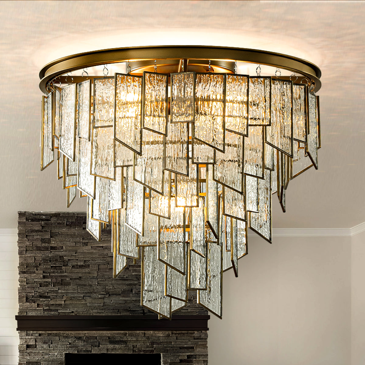 6-Light Luxury Water Ripple Glass Flush Mount Modern Brass Frame Lighting Fixture