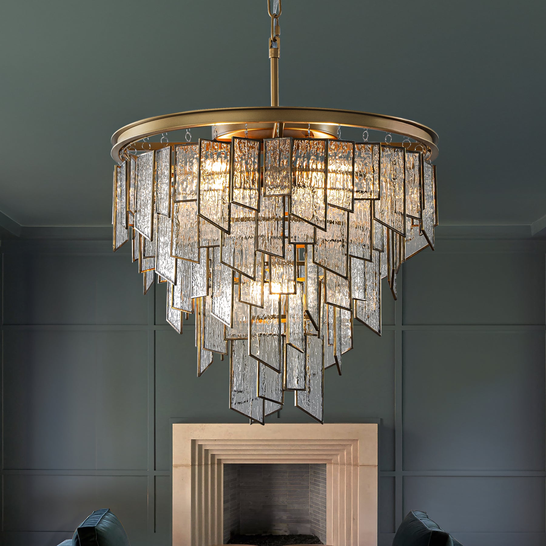 Modern 6-Light 18in. Painted Brass Luxury Water Ripple Glass Chandelier for Living Room