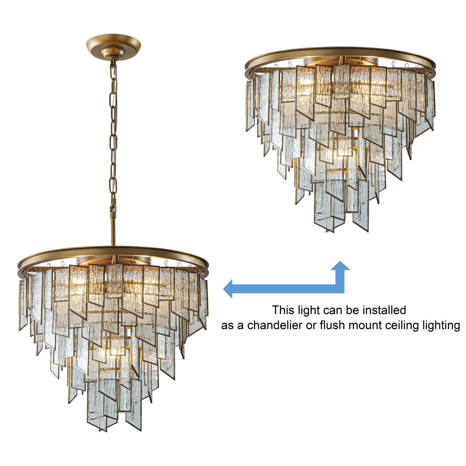 Modern 6-Light 18in. Painted Brass Luxury Water Ripple Glass Chandelier for Living Room