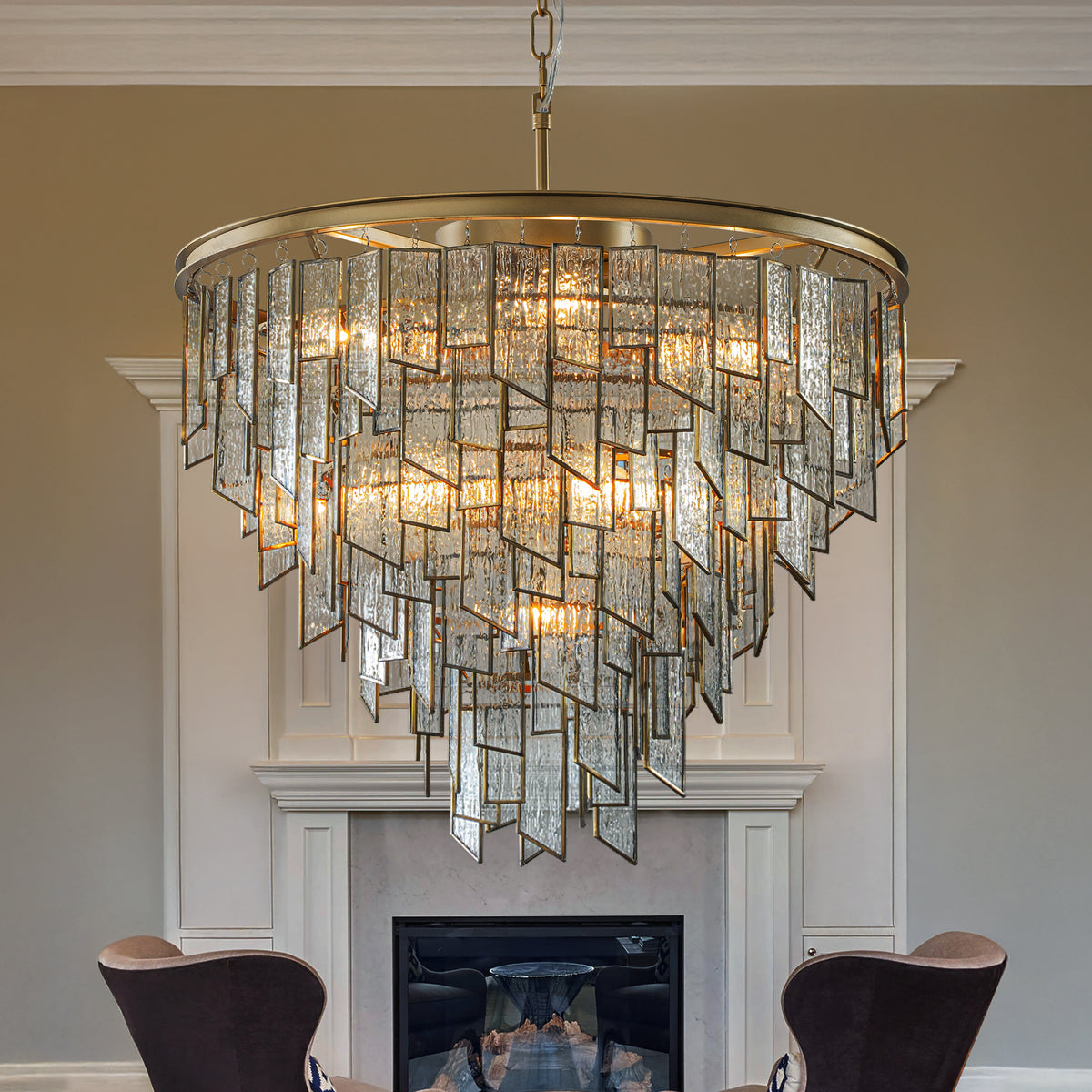 9-Light Luxury Water Ripple Glass Chandelier Pendant Light Modern Brass Frame Lighting Fixture for Dining Room Living Room and Kitchen Island