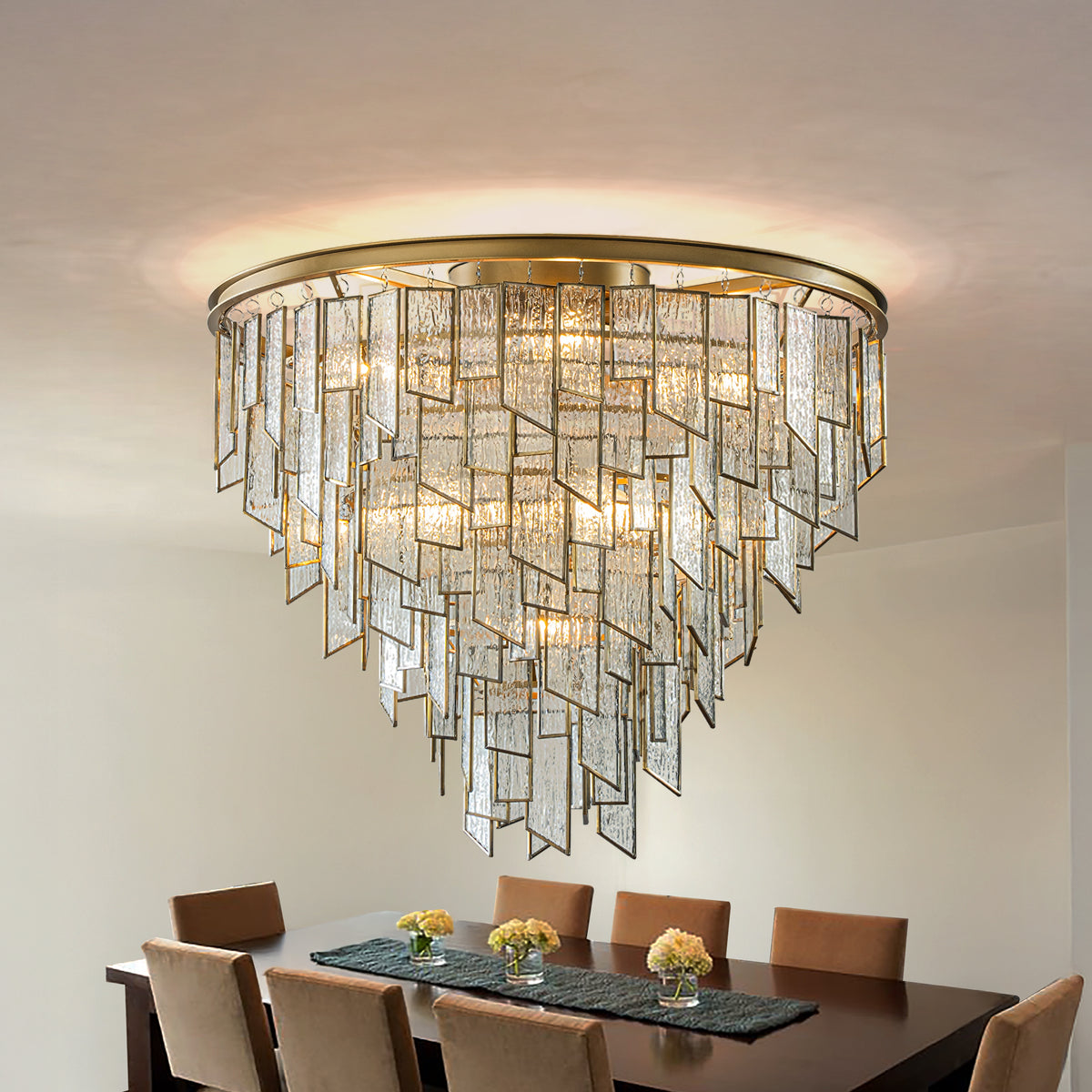 9-Light Luxury Water Ripple Glass Flush Mount Modern Brass Frame Lighting Fixture for Dining Room Living Room and Kitchen Island