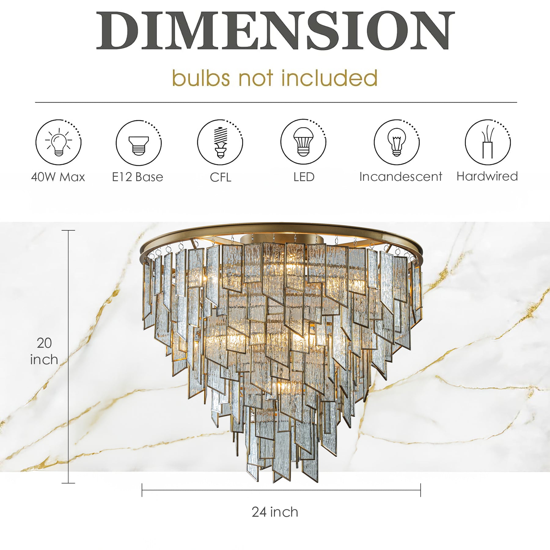 9-Light Luxury Water Ripple Glass Flush Mount Modern Brass Frame Lighting Fixture for Dining Room Living Room and Kitchen Island