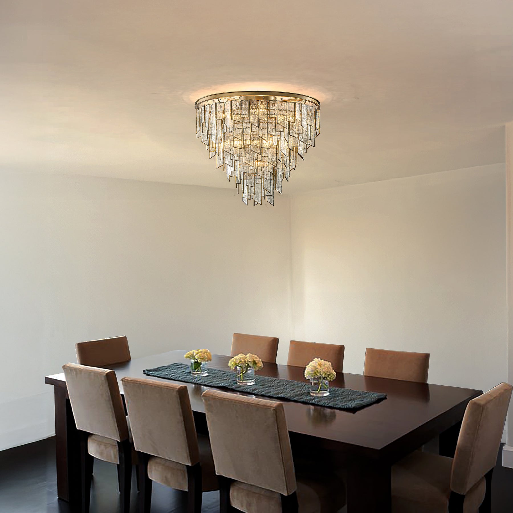 9-Light Luxury Water Ripple Glass Flush Mount Modern Brass Frame Lighting Fixture for Dining Room Living Room and Kitchen Island