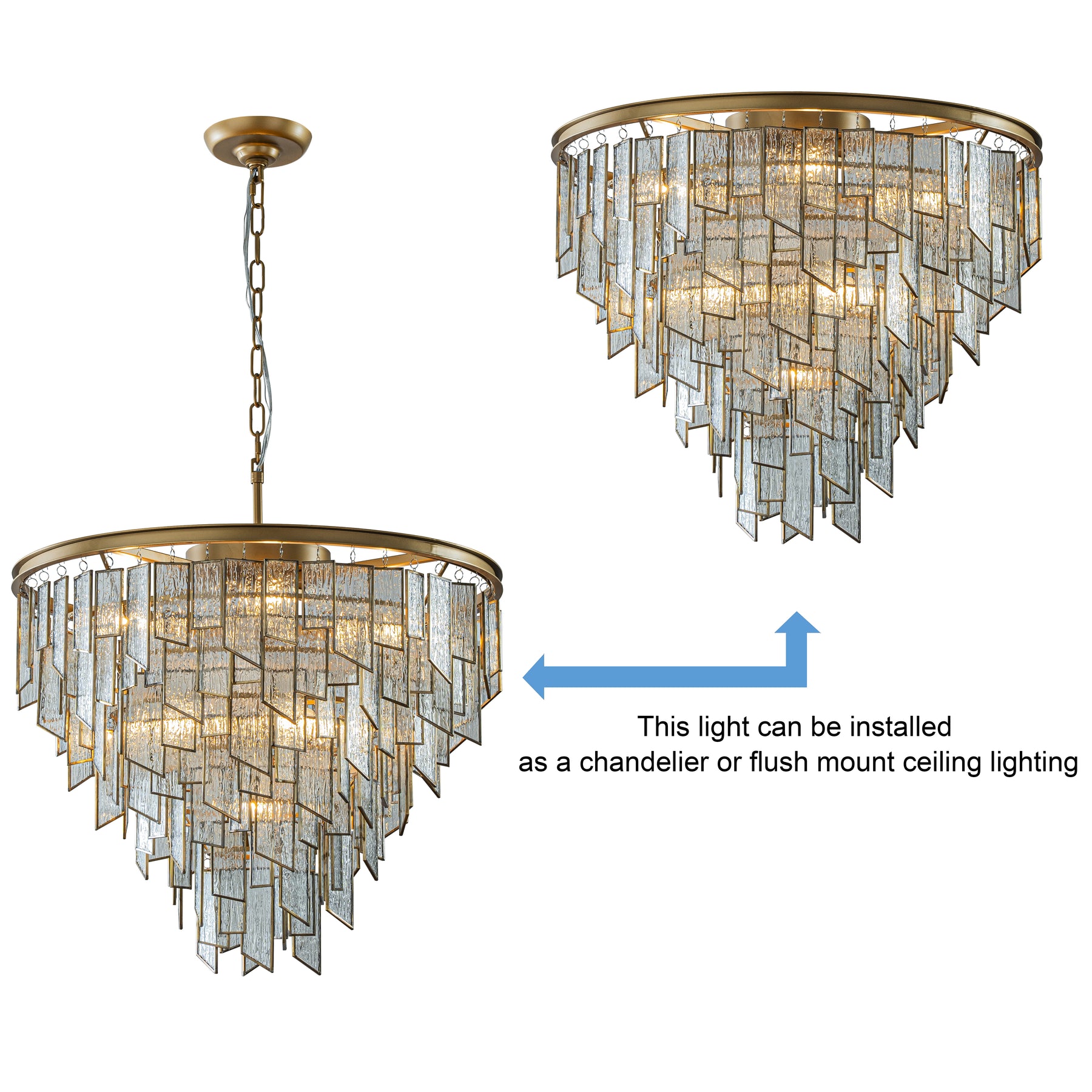 9-Light Luxury Water Ripple Glass Chandelier Pendant Light Modern Brass Frame Lighting Fixture for Dining Room Living Room and Kitchen Island