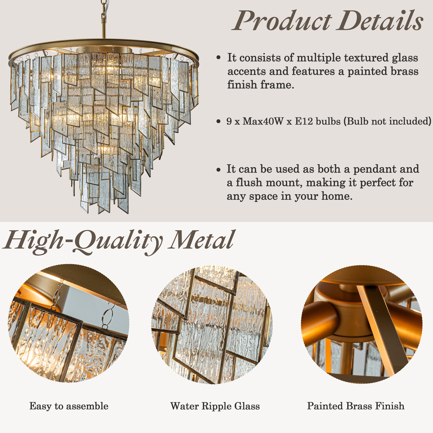 9-Light Luxury Water Ripple Glass Chandelier Pendant Light Modern Brass Frame Lighting Fixture for Dining Room Living Room and Kitchen Island