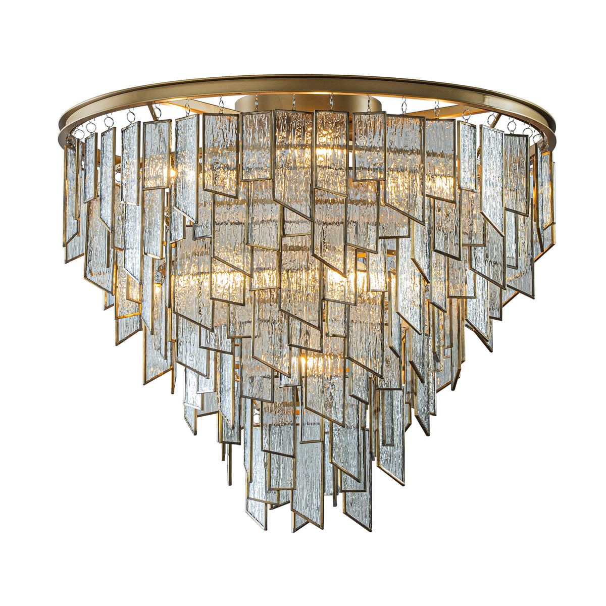 9-Light Luxury Water Ripple Glass Flush Mount Modern Brass Frame Lighting Fixture for Dining Room Living Room and Kitchen Island