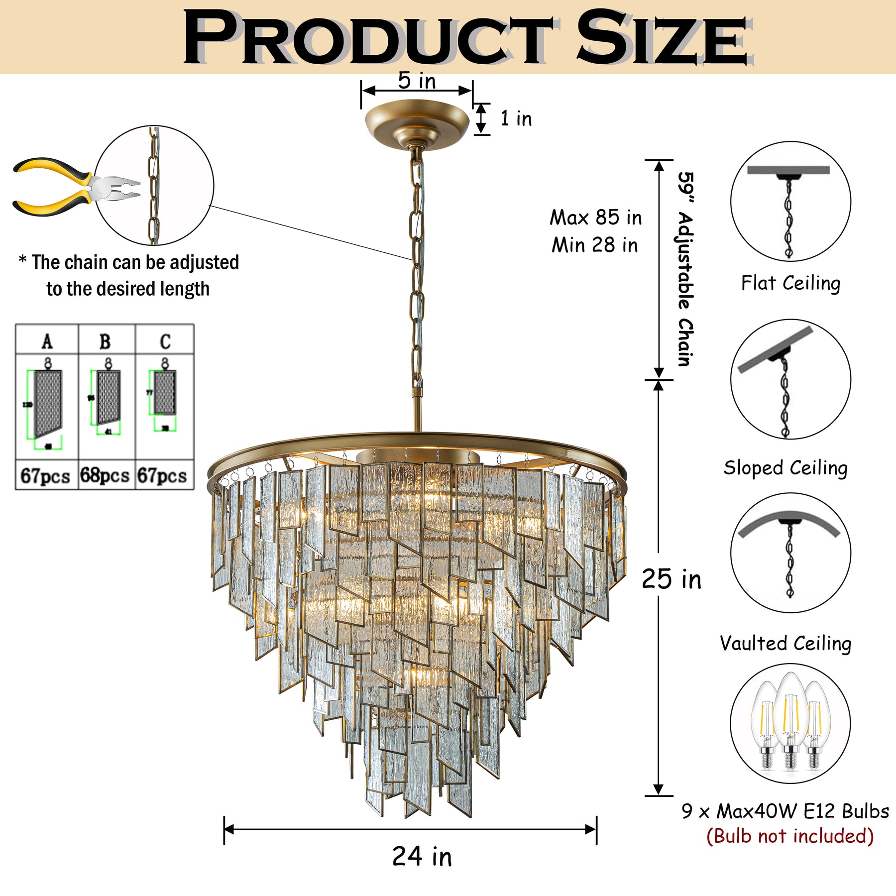 9-Light Luxury Water Ripple Glass Chandelier Pendant Light Modern Brass Frame Lighting Fixture for Dining Room Living Room and Kitchen Island