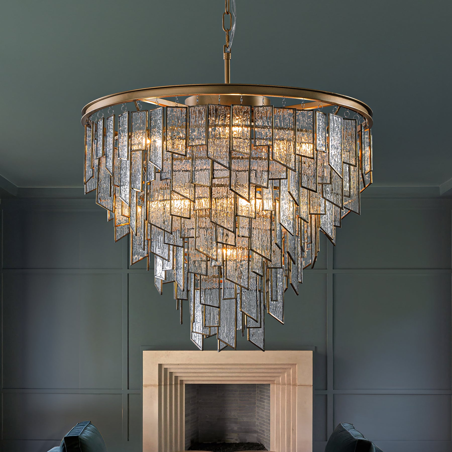 9-Light Luxury Water Ripple Glass Chandelier Pendant Light Modern Brass Frame Lighting Fixture for Dining Room Living Room and Kitchen Island