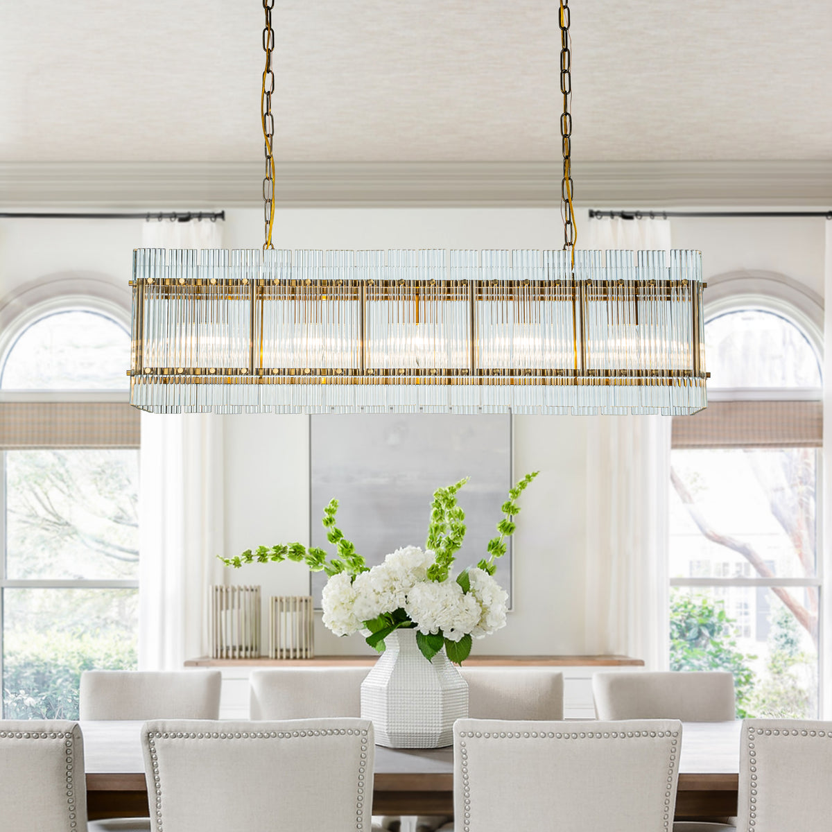 Modern Rectangular Chandelier With Fluted Glass Panel Shade