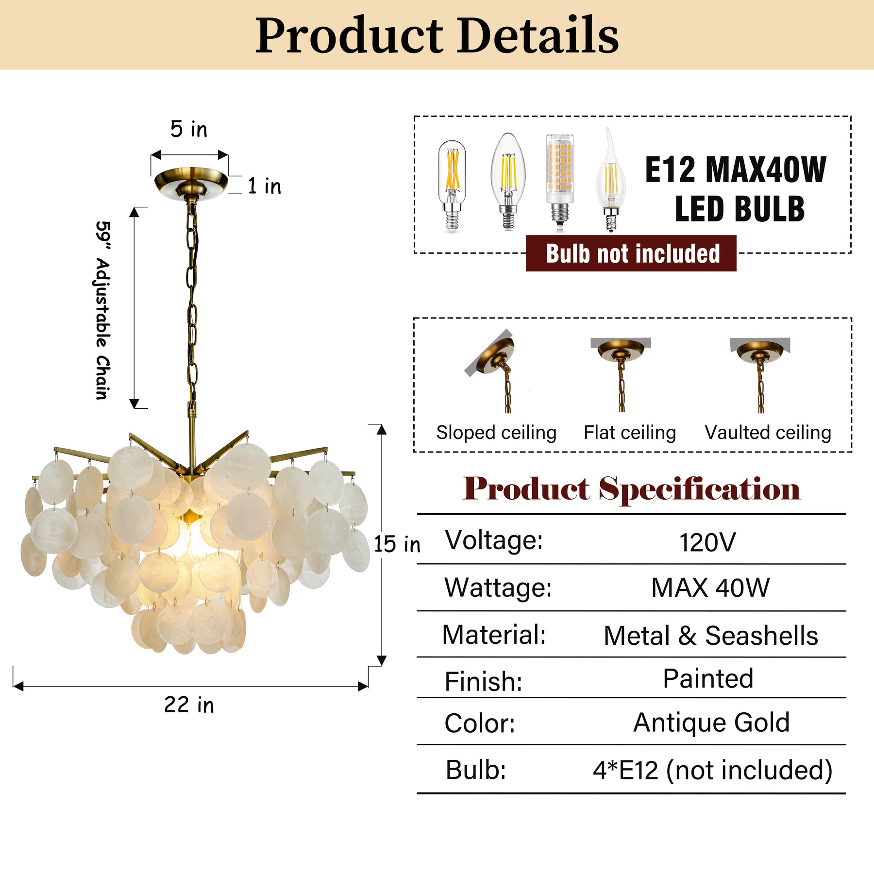 4-Light 22" Cone Shape 4-Tier Coastal Capiz Shells Chandelier With Antique Gold Metal